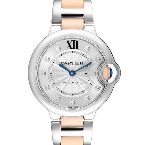 The Cartier Ballon Bleu WE902044 Women's Steel and Gold (two tone) Silver Dial watch is shown from a front angle, highlighting its silver and gold bracelet, round case, and blue cabochon crown.