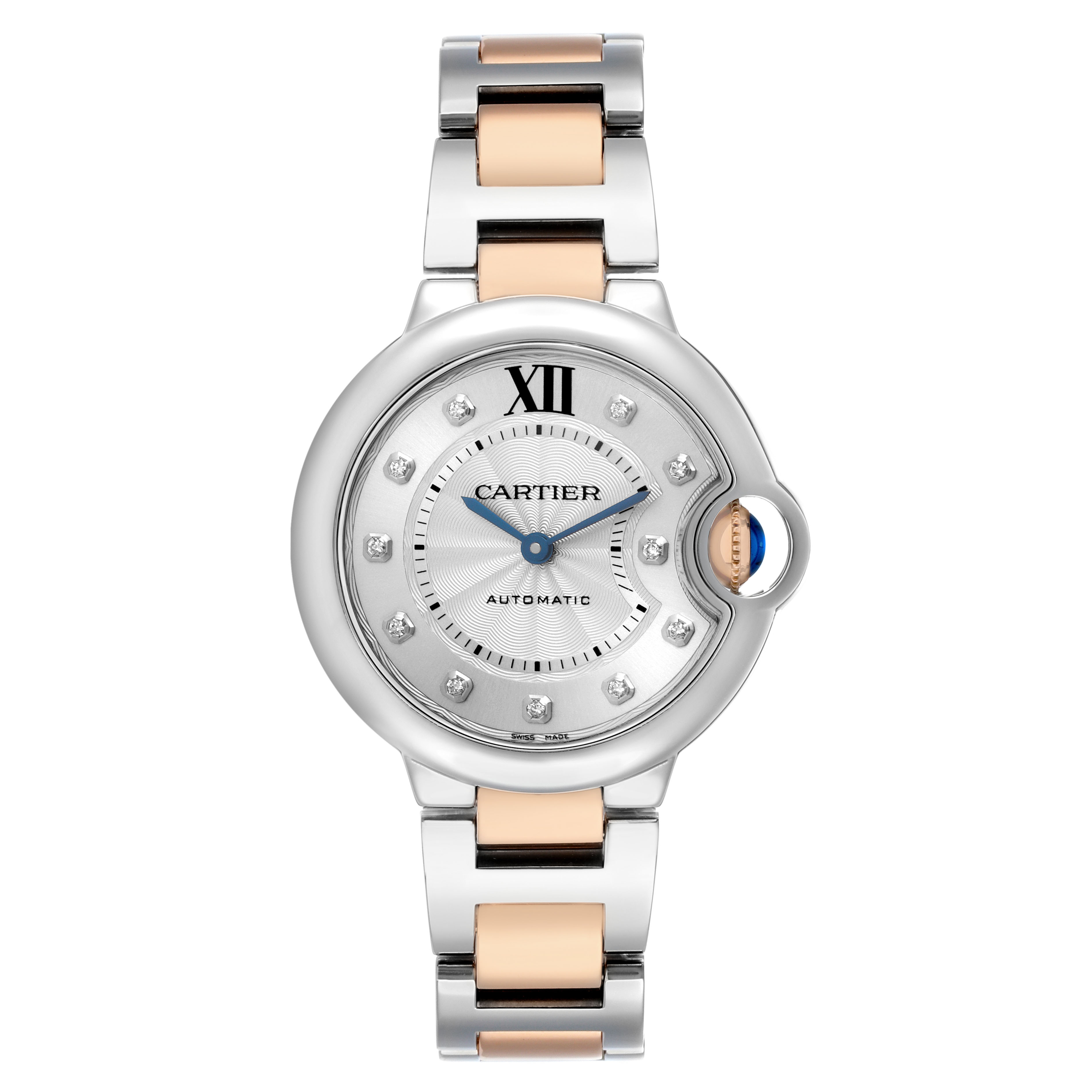 The Cartier Ballon Bleu WE902061 Women's Steel and Gold (two tone) Silver Dial watch is shown head-on, displaying the face, crown, and part of the two-tone bracelet.