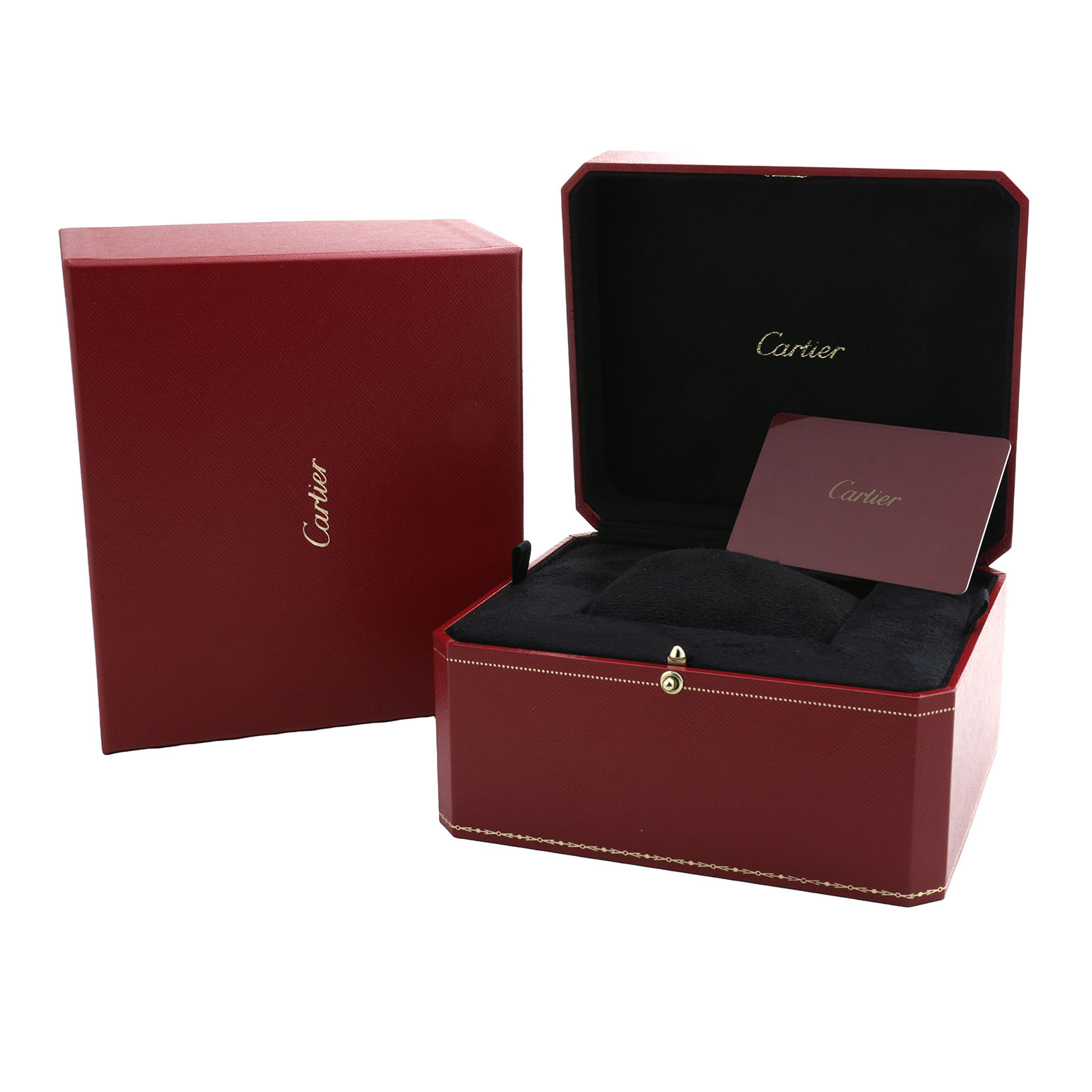The image shows a Cartier Ballon Bleu WE902061 Women's Steel and Gold (two tone) Silver Dial watch box set, including the outer box, inner padded box, and a card.