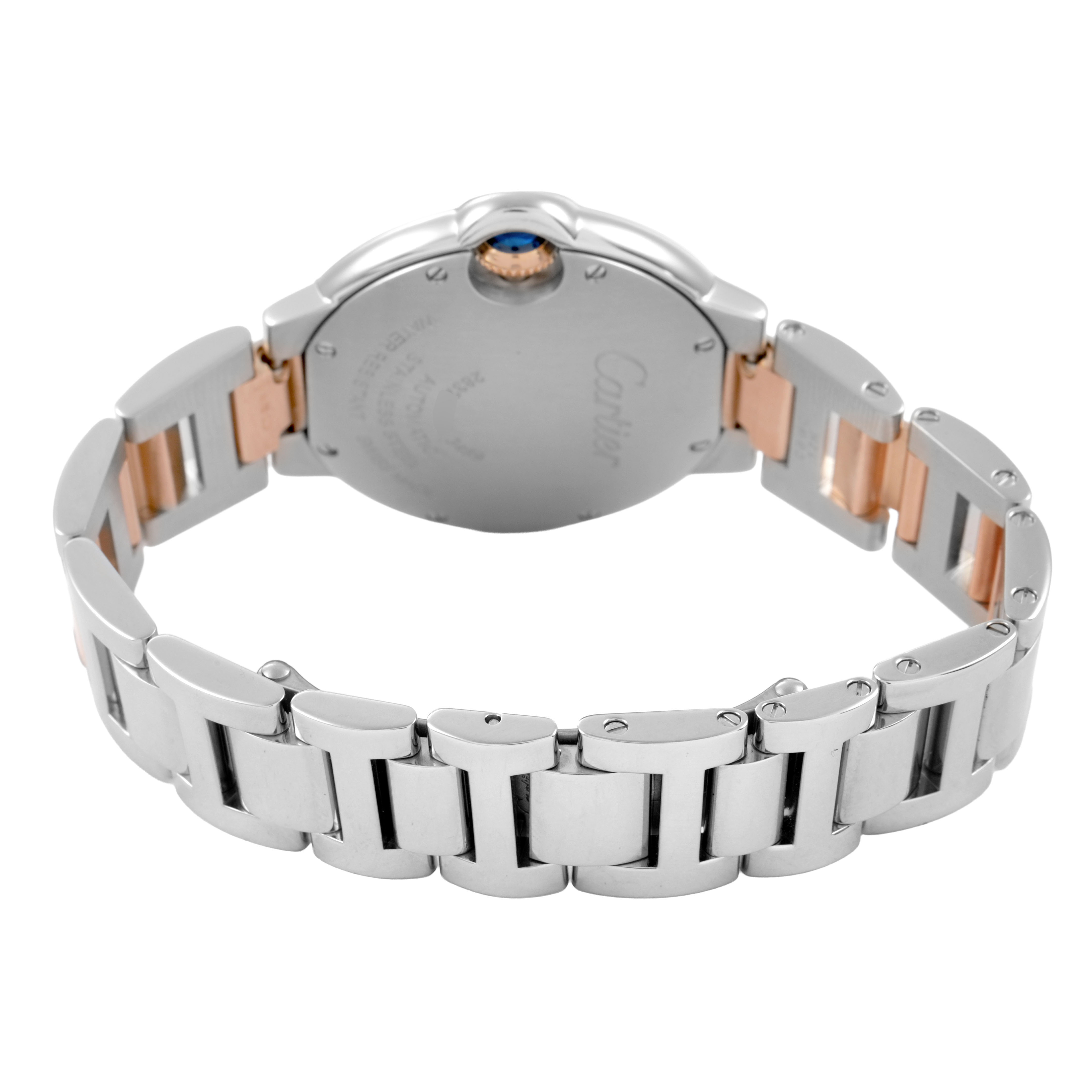 The image shows the back view of a Cartier Ballon Bleu WE902061 Women's Steel and Gold (two tone) Silver Dial watch, highlighting its bracelet and case back.