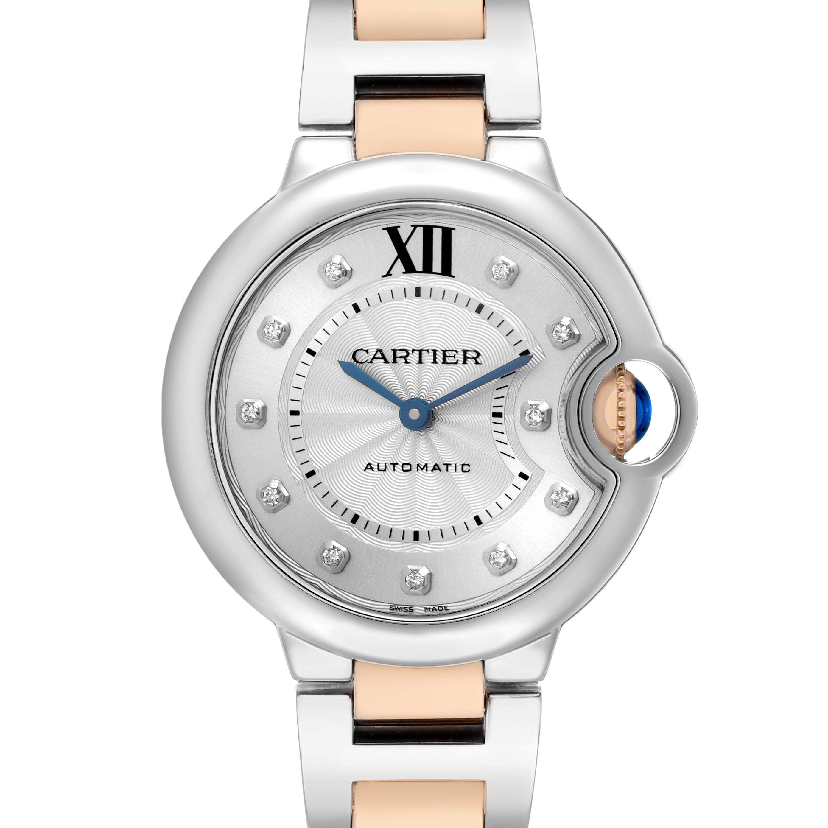 The Cartier Ballon Bleu WE902061 Women's Steel and Gold (two tone) Silver Dial watch is shown from a top-down angle, highlighting its face, hands, crown, and bracelet.
