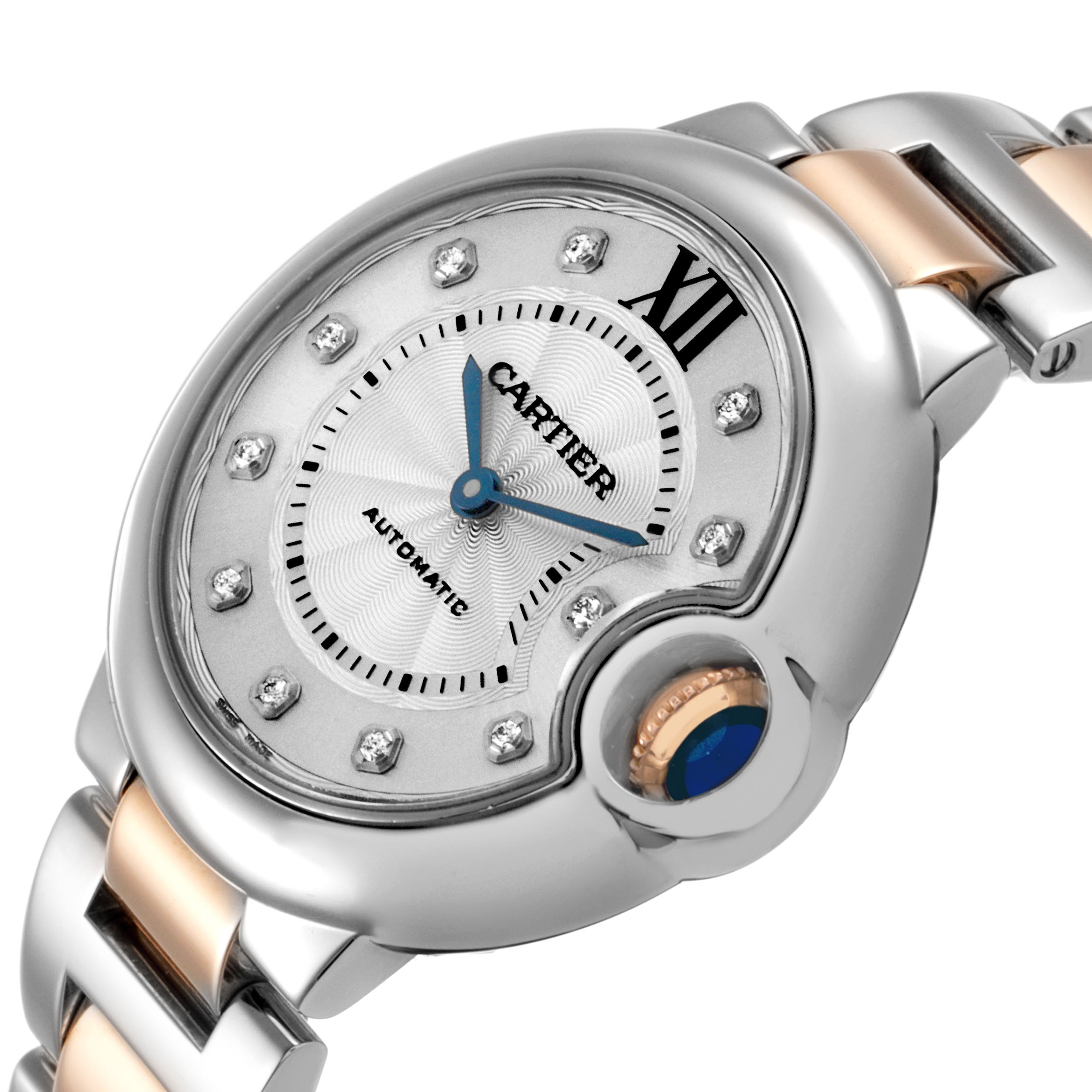 The Cartier Ballon Bleu WE902061 Women's Steel and Gold (two tone) Silver Dial watch is shown at an angled view, highlighting the dial, crown, and bracelet.