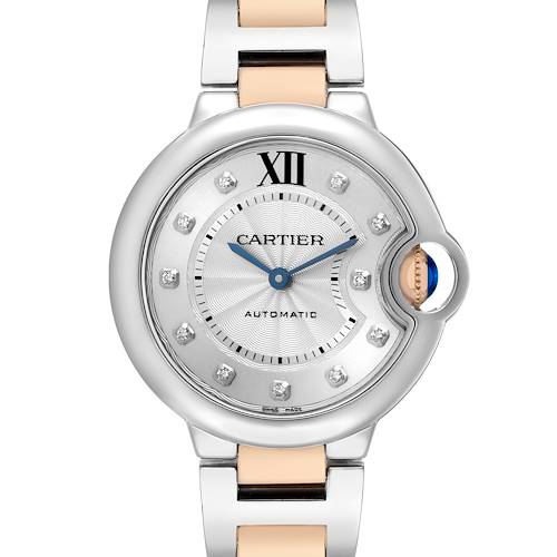 The Cartier Ballon Bleu WE902061 Women's Steel and Gold (two tone) Silver Dial watch is shown from the front, highlighting its dial, bracelet, and crown.