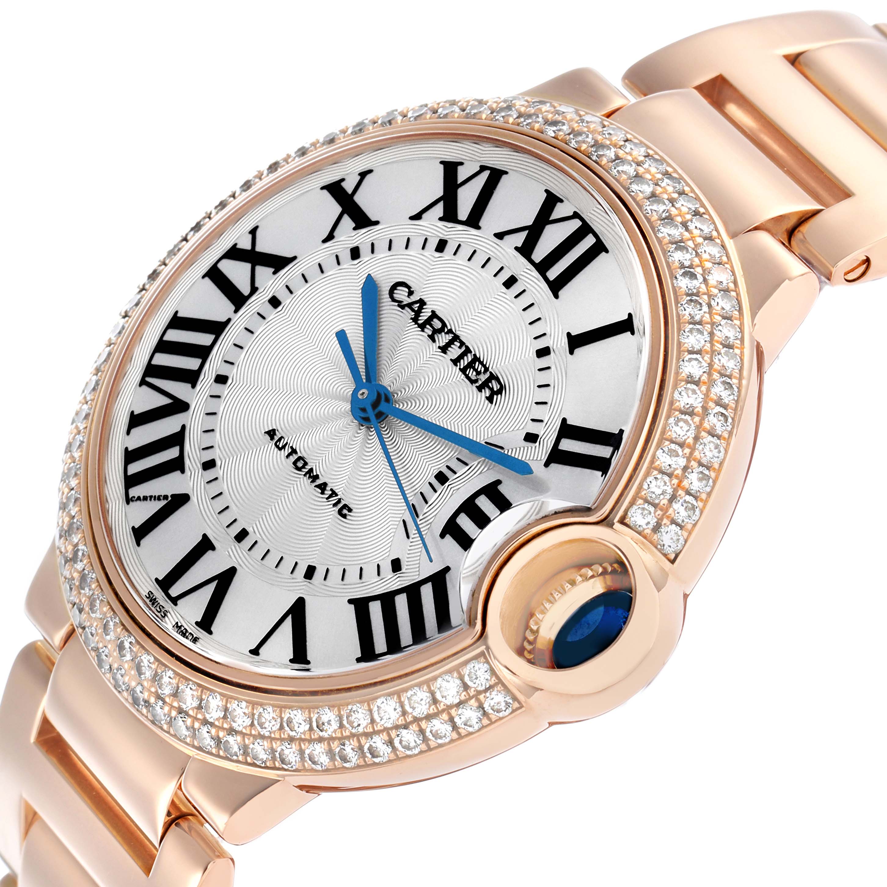 The Cartier Ballon Bleu WE9005Z3 Women's Rose Gold Silver Dial watch is shown at an angled view, highlighting the face, diamond bezel, and bracelet.