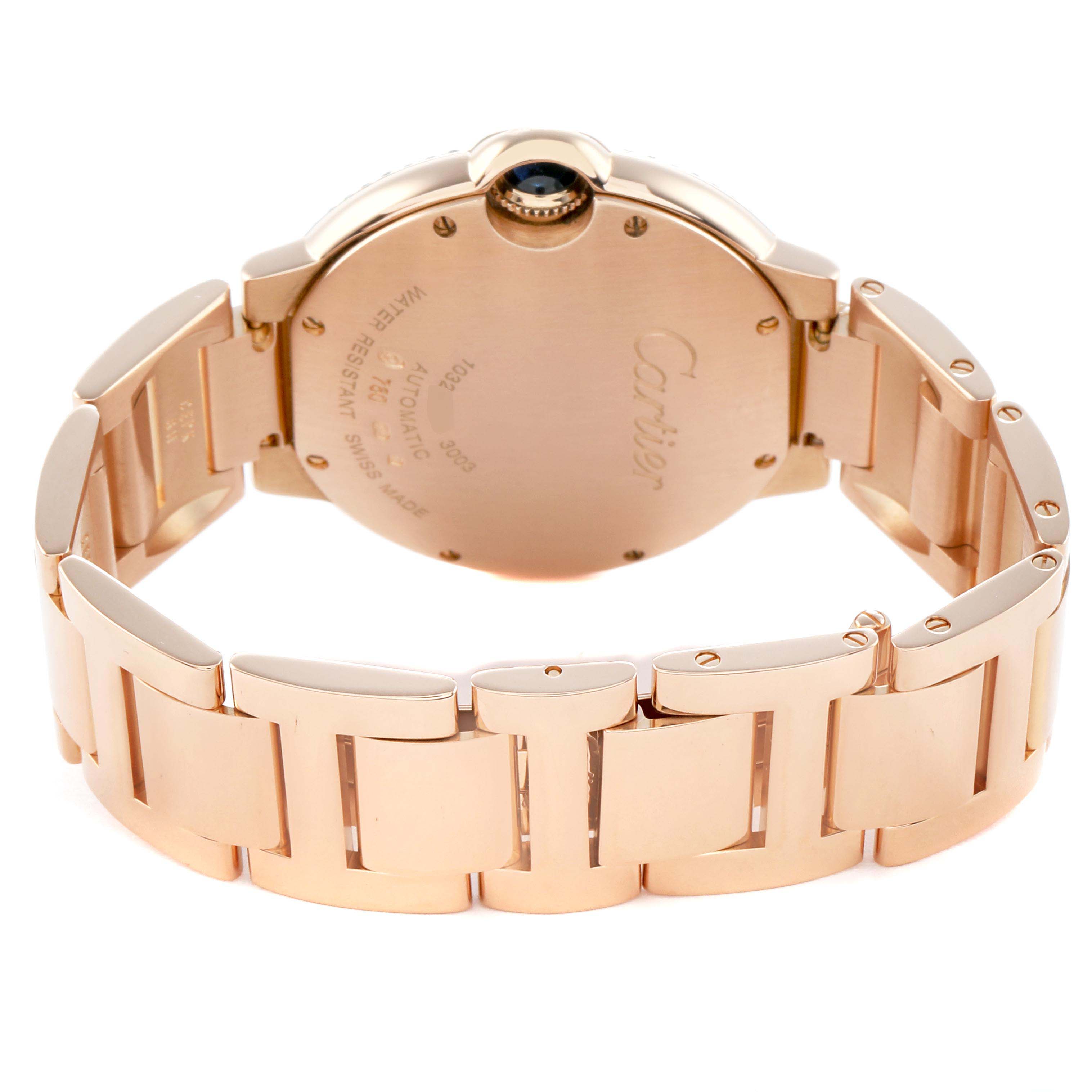 The image shows a rear view of the Cartier Ballon Bleu WE9005Z3 Women's Rose Gold Silver Dial watch, displaying its case back and bracelet.