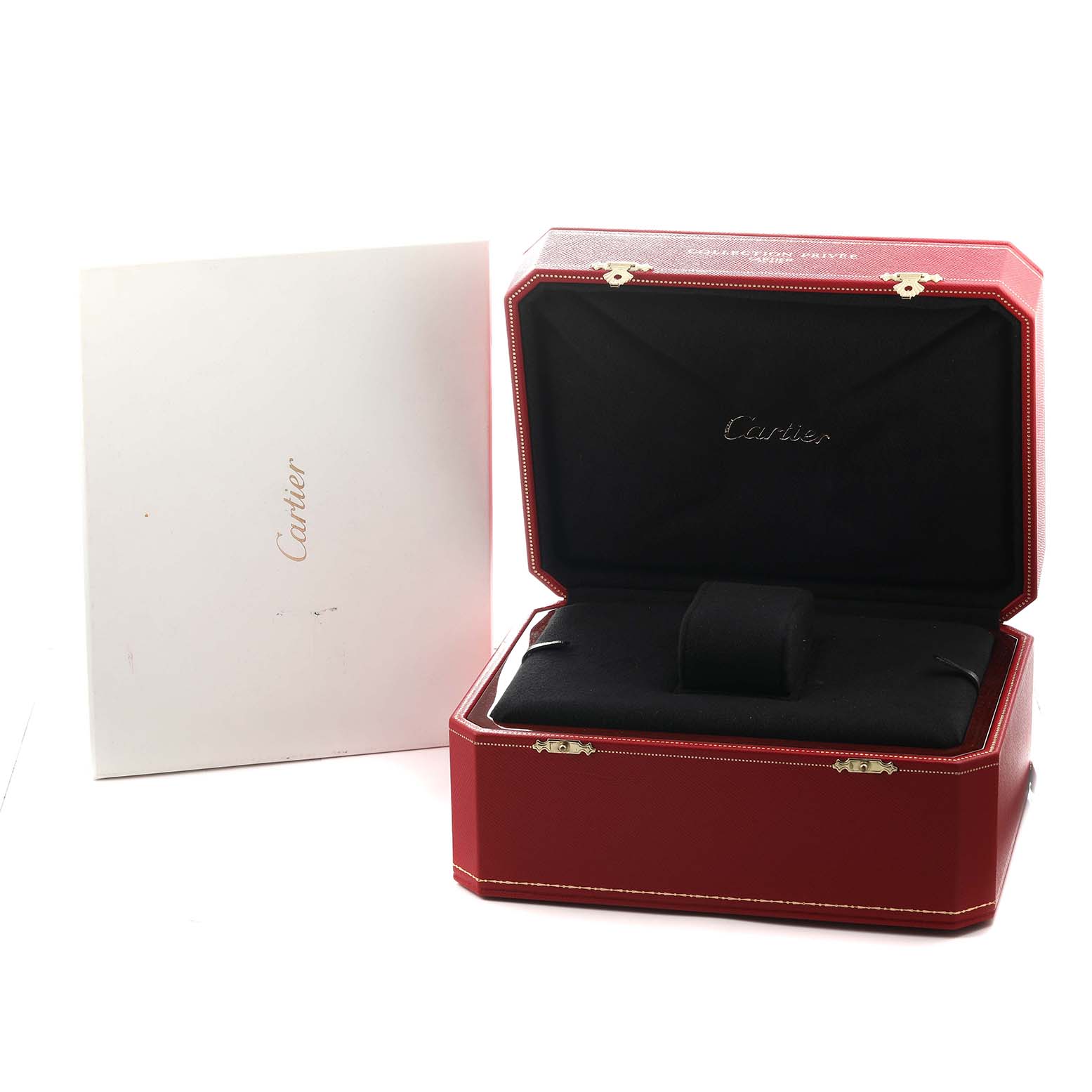 The image displays an open red Cartier Ballon Bleu WE9005Z3 Women's Rose Gold Silver Dial watch box with a black interior and the brand's name visible inside.
