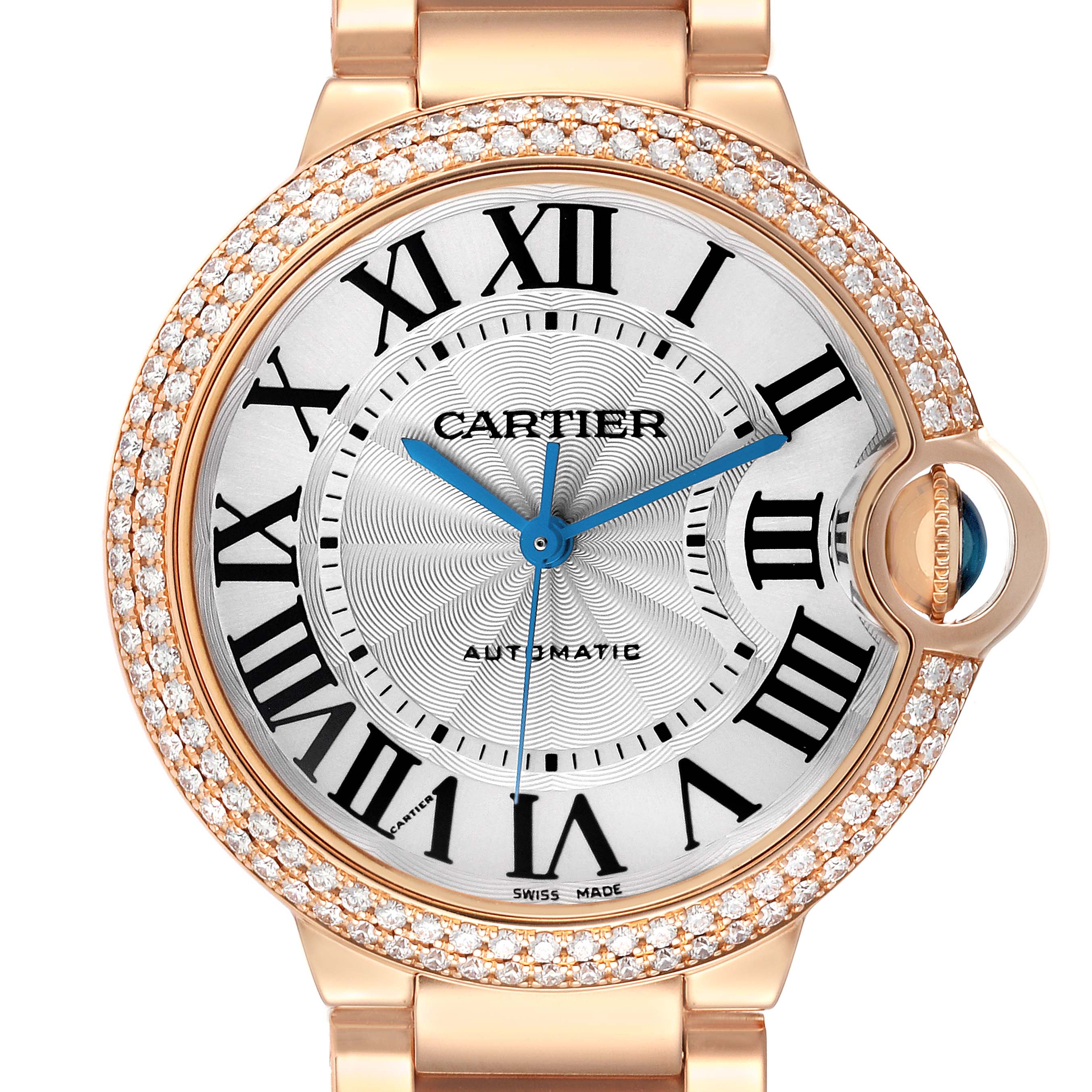 This image shows a frontal view of the Cartier Ballon Bleu WE9005Z3 Women's Rose Gold Silver Dial watch, highlighting its dial, diamond-set bezel, and blue hands.