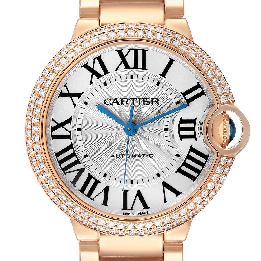 This image shows a frontal view of the Cartier Ballon Bleu WE9005Z3 Women's Rose Gold Silver Dial watch, highlighting its dial, diamond-set bezel, and blue hands.