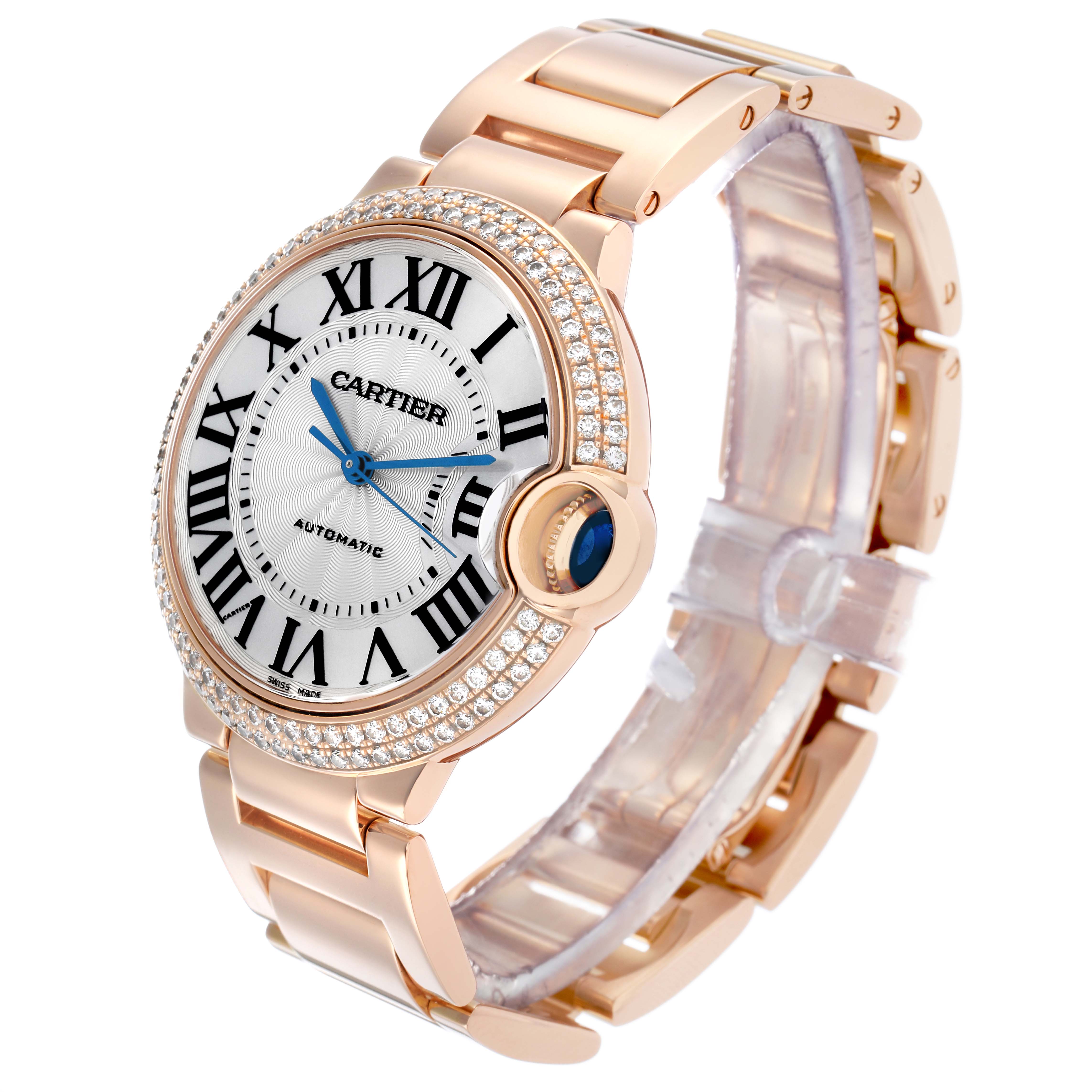 The Cartier Ballon Bleu WE9005Z3 Women's Rose Gold Silver Dial watch is shown at a slight angle, displaying its face, bezel, crown, and bracelet.