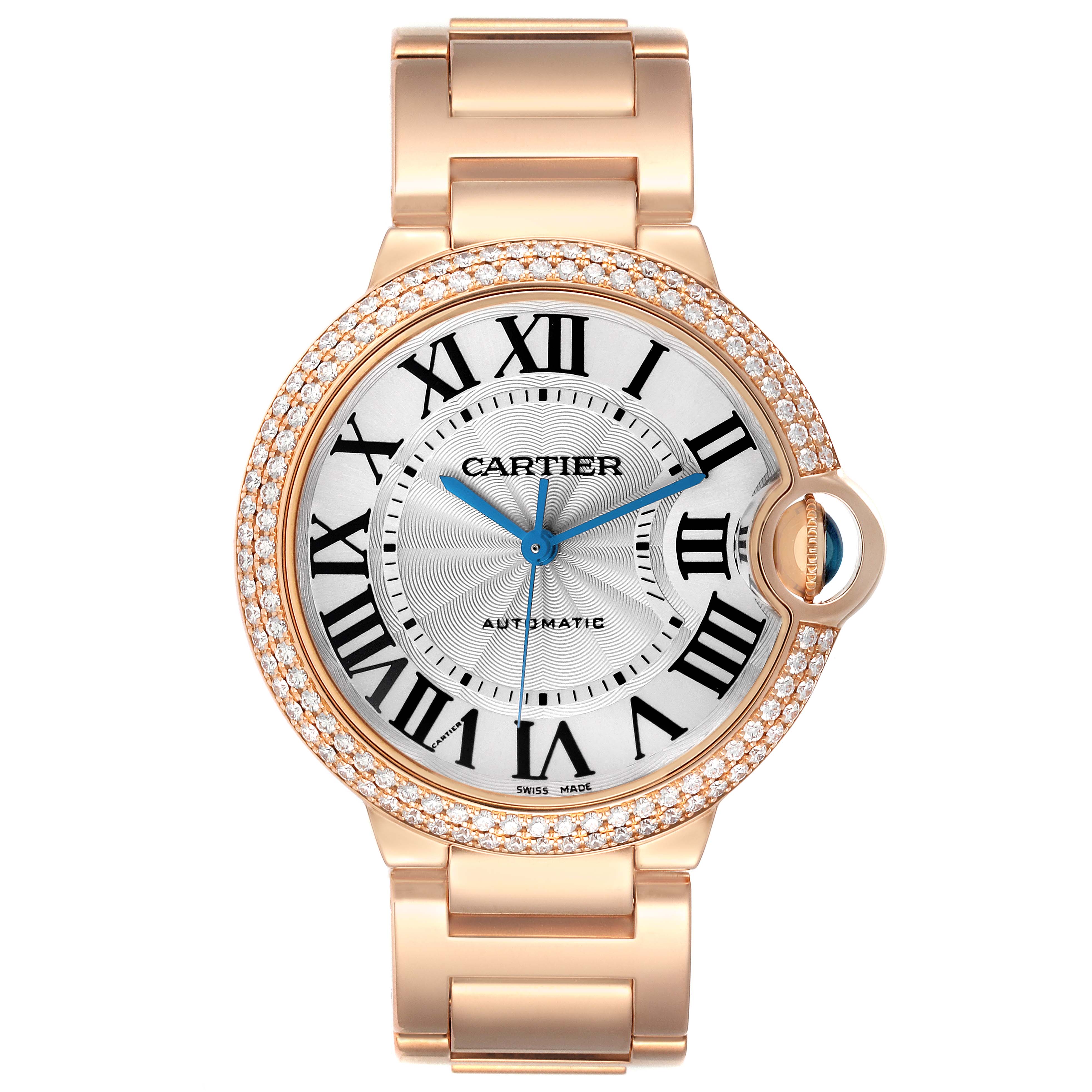 The Cartier Ballon Bleu WE9005Z3 Women's Rose Gold Silver Dial watch is shown from a top-down angle, highlighting the face, hands, bracelet, and diamond-set bezel.