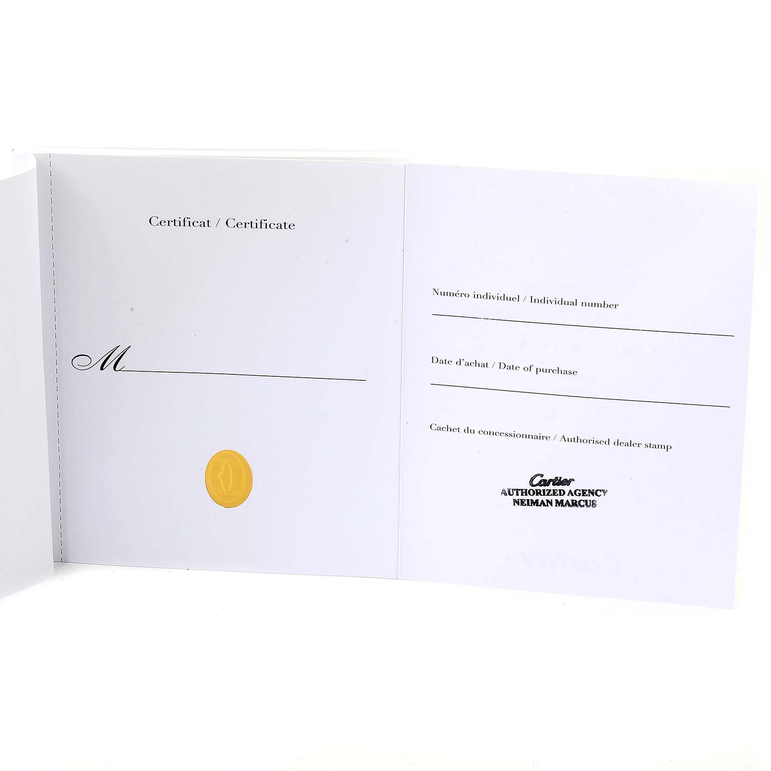 This image shows the certificate booklet for the Cartier Ballon Bleu W6900551 Men's Yellow Gold Silver Dial W6900551 Men's Yellow Gold Silver Dial model with sections for individual number, date, and dealer stamp.
