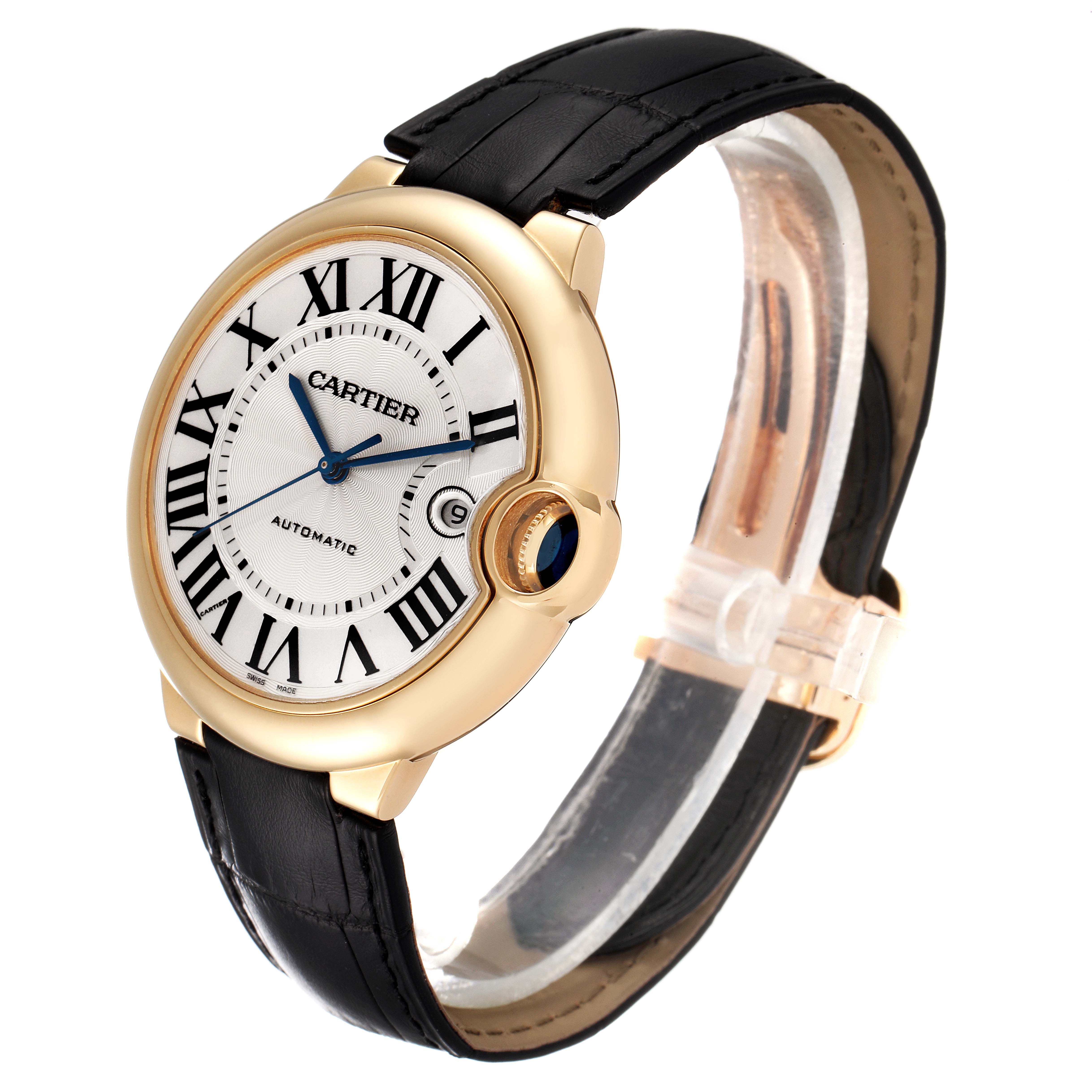 The image shows a Cartier Ballon Bleu W6900551 Men's Yellow Gold Silver Dial W6900551 Men's Yellow Gold Silver Dial watch at a sideways angle, highlighting the face, strap, and crown.