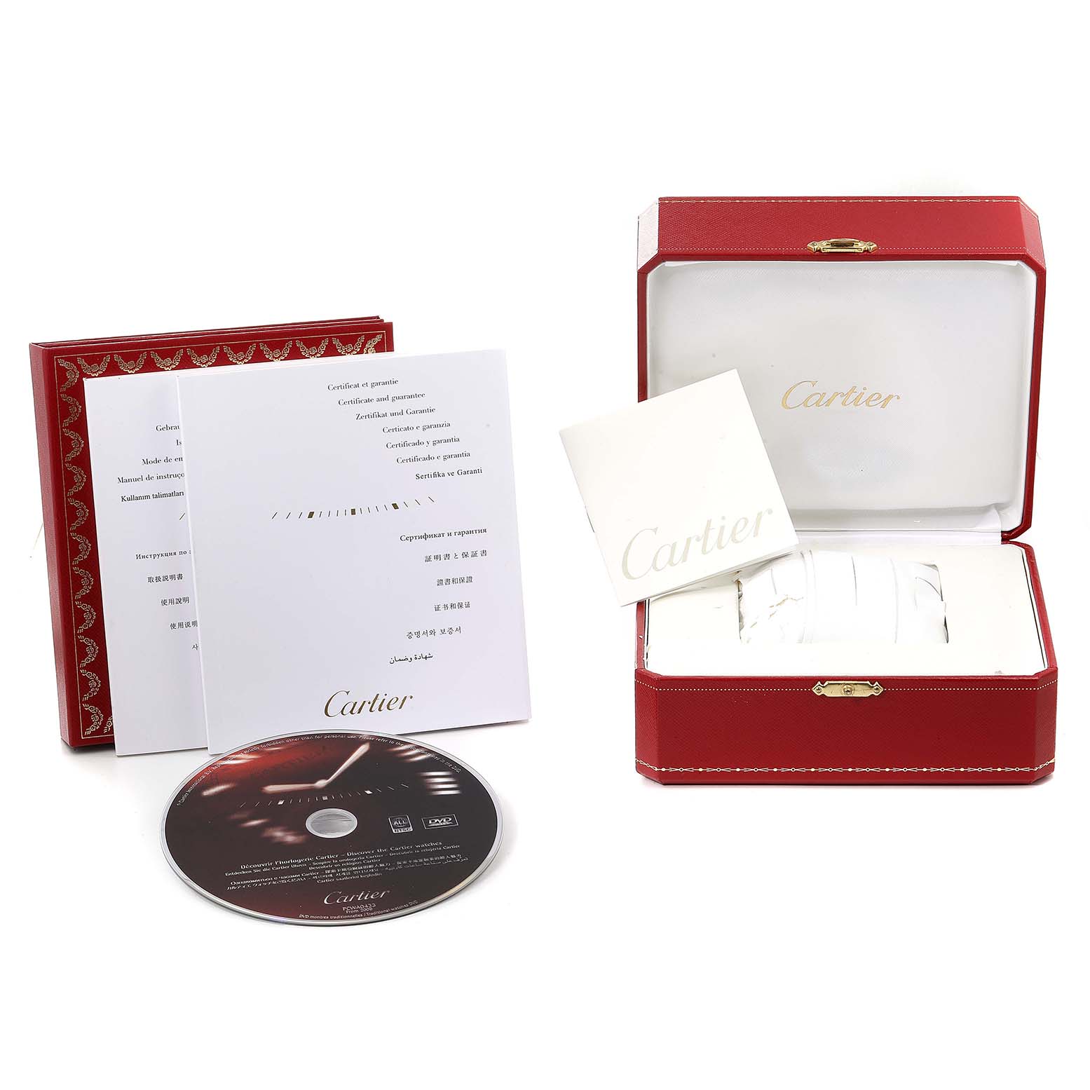 This image shows the packaging, booklets, and a CD for the Cartier Ballon Bleu W6900551 Men's Yellow Gold Silver Dial W6900551 Men's Yellow Gold Silver Dial model alongside the watch box.