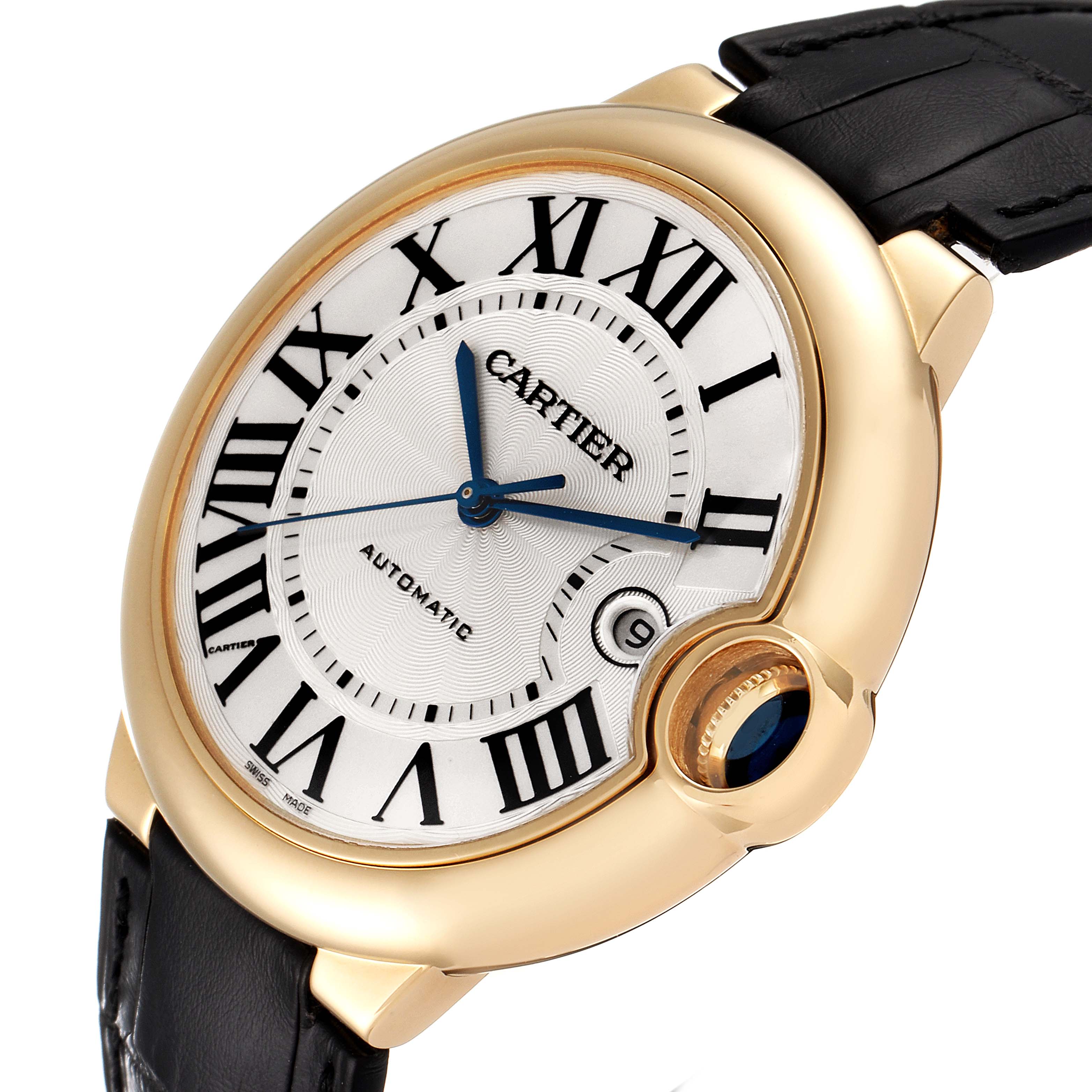 The Cartier Ballon Bleu W6900551 Men's Yellow Gold Silver Dial W6900551 Men's Yellow Gold Silver Dial watch is shown at a slight angle, highlighting the face, crown, and black leather strap.