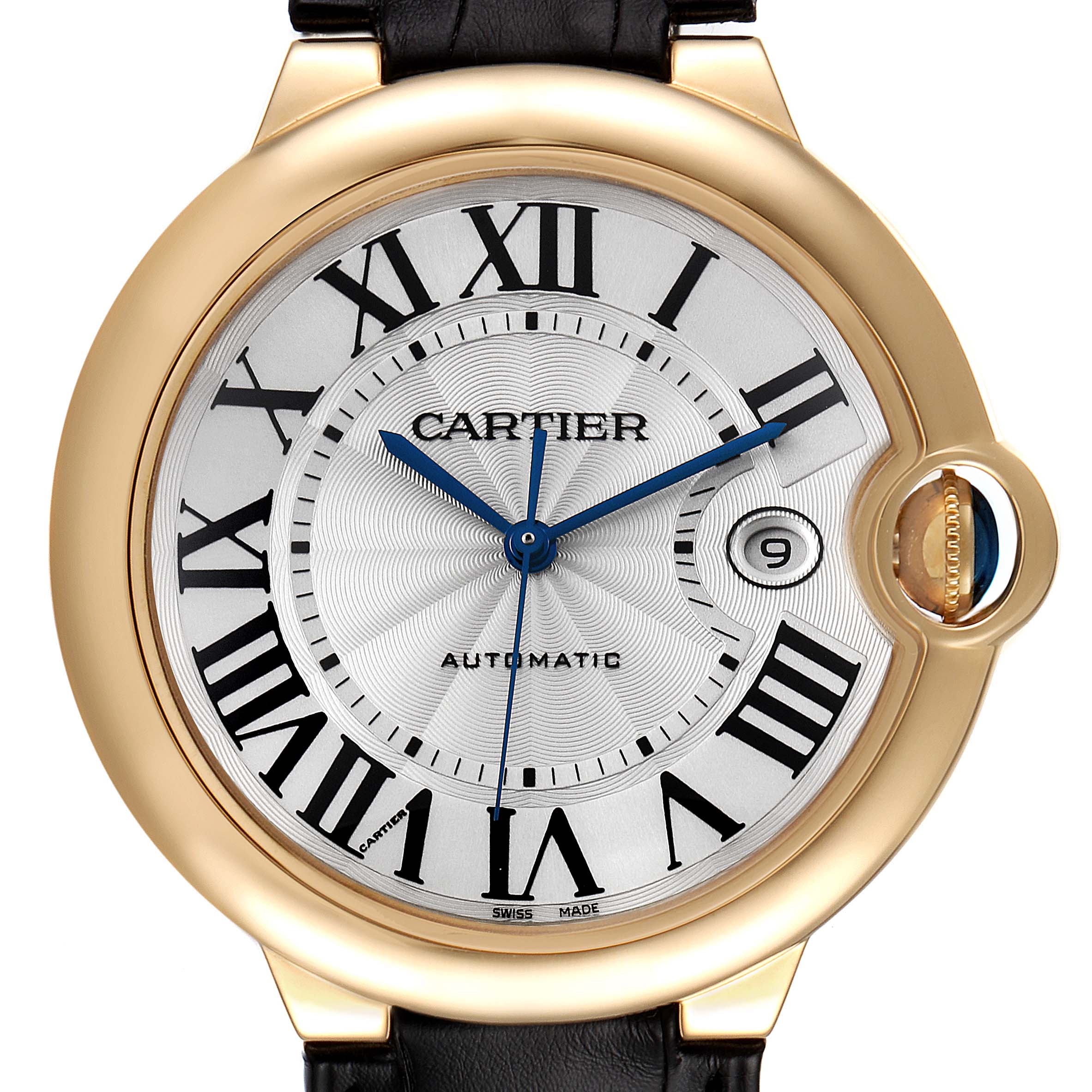 This is a close-up view of the face of the Ballon Bleu model watch by Cartier, showing the Roman numerals and date window.