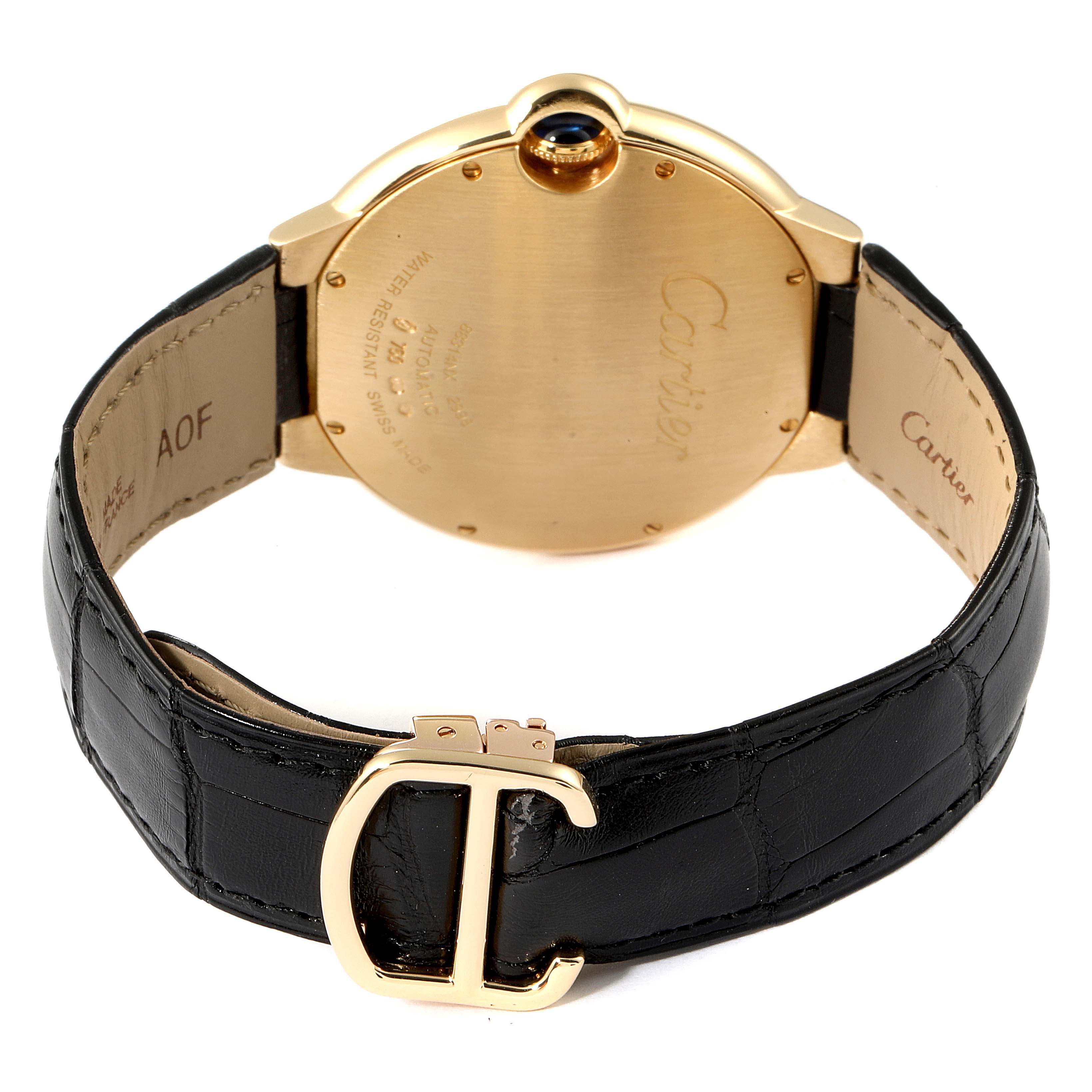 The image shows the back case, strap, and buckle of a Cartier Ballon Bleu W6900551 Men's Yellow Gold Silver Dial W6900551 Men's Yellow Gold Silver Dial watch at a slight angle.