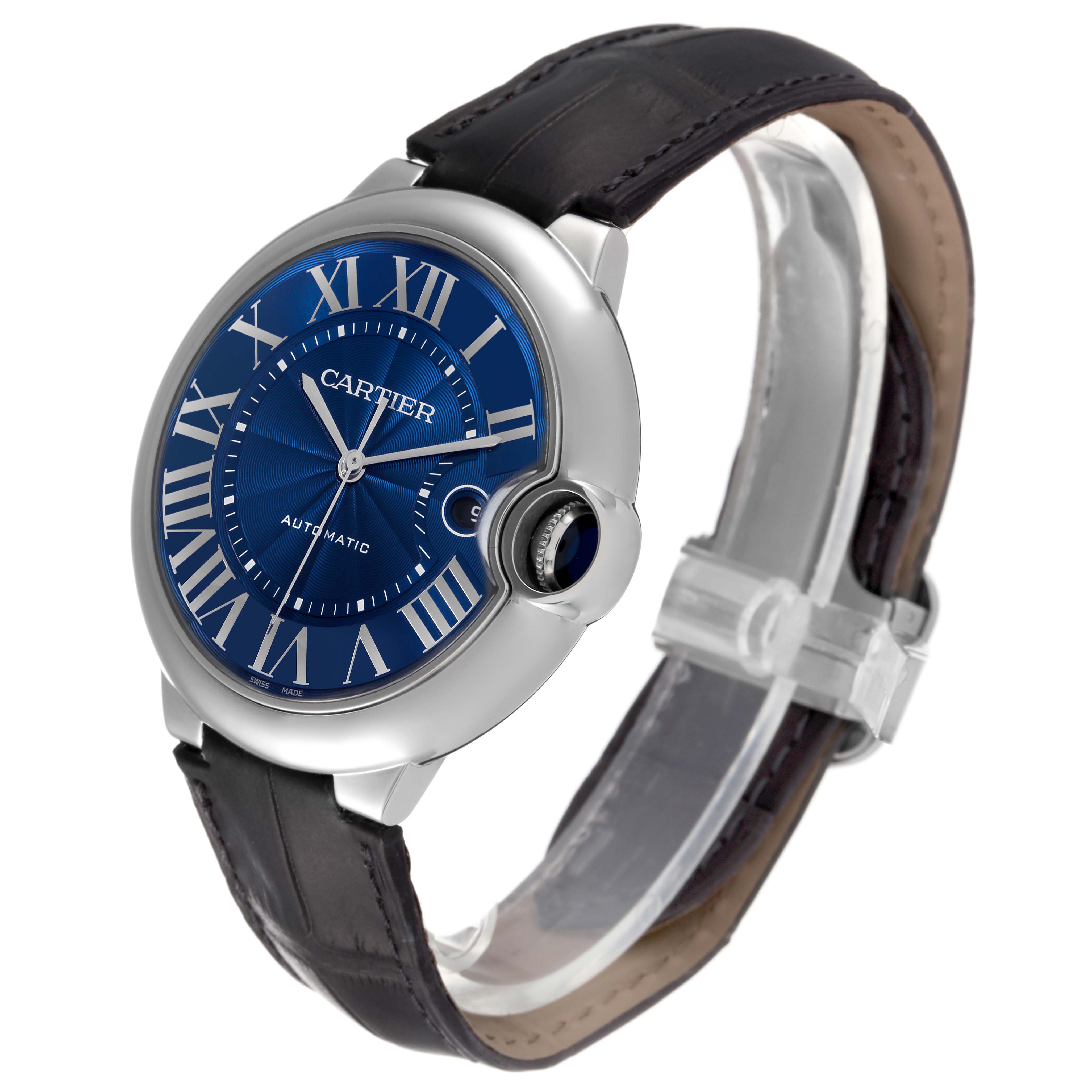 The image shows a Cartier Ballon Bleu WSBB0027 Men
s Stainless Steel Blue Dial WSBB0027 Men
s Stainless Steel Blue Dial watch with a blue dial and a leather strap, viewed from an angled side perspective.