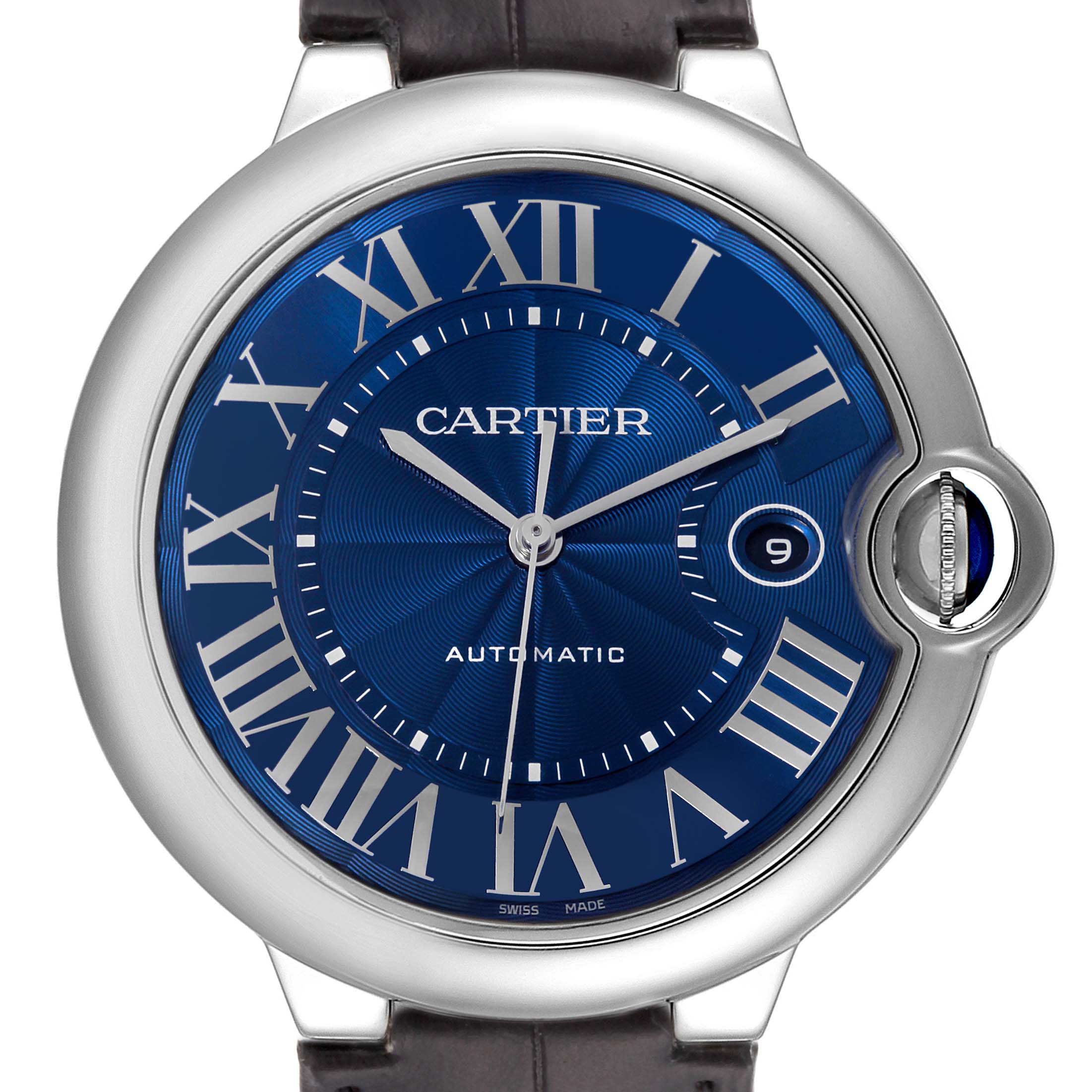 The image shows a top-down view of a Ballon Bleu de Cartier watch, featuring its blue dial with Roman numerals and a visible crown.
