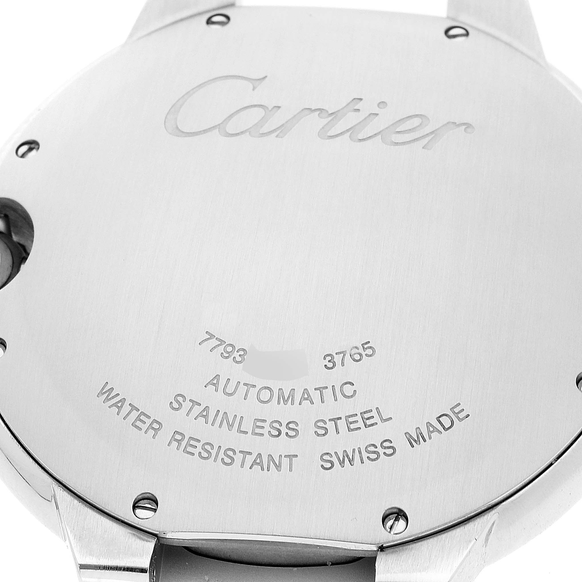 The image shows the backside of a Cartier Ballon Bleu WSBB0027 Men
s Stainless Steel Blue Dial WSBB0027 Men
s Stainless Steel Blue Dial watch featuring engraving details.