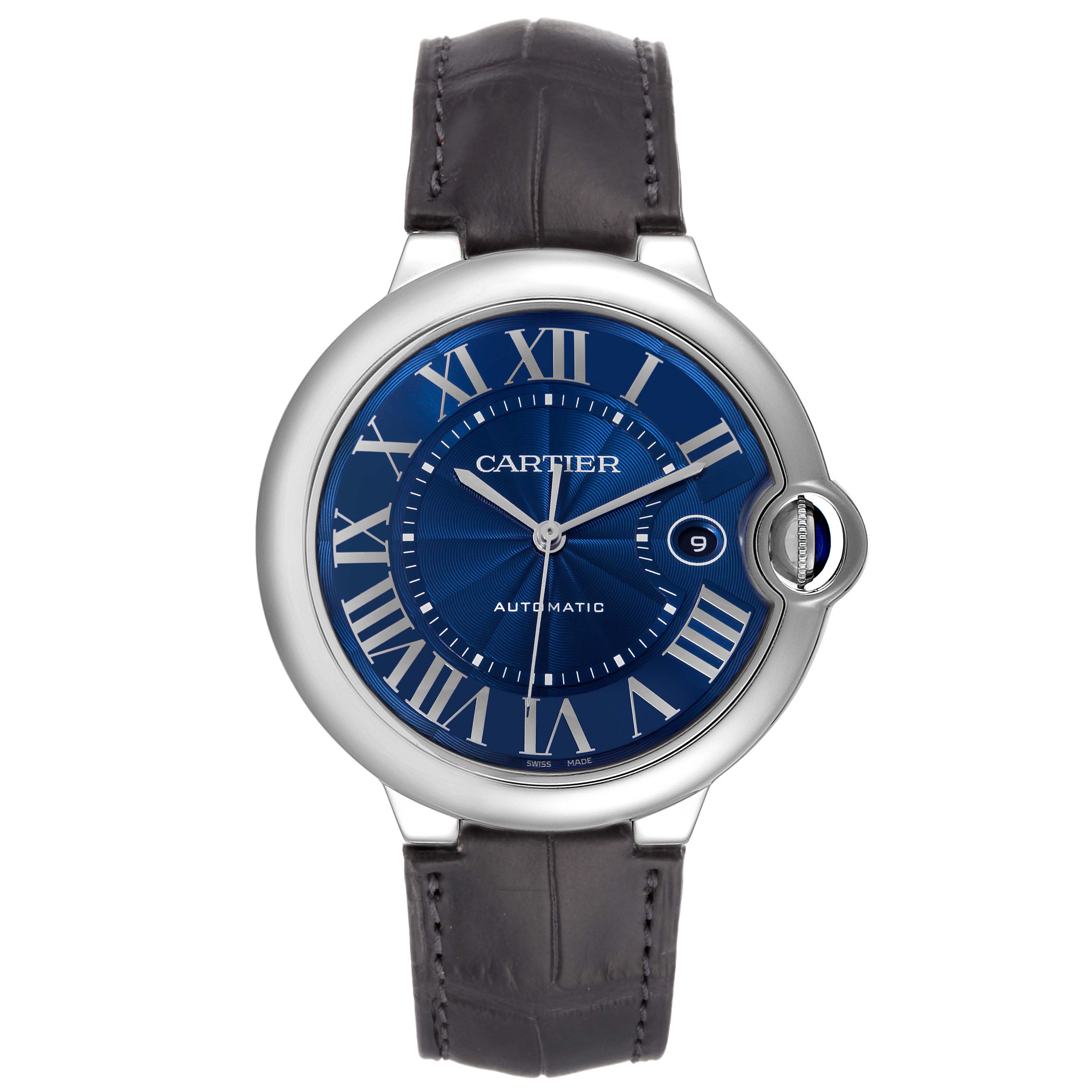 The Cartier Ballon Bleu WSBB0027 Men
s Stainless Steel Blue Dial WSBB0027 Men
s Stainless Steel Blue Dial watch is shown from the front, highlighting the blue dial, silver Roman numerals, and black leather strap.