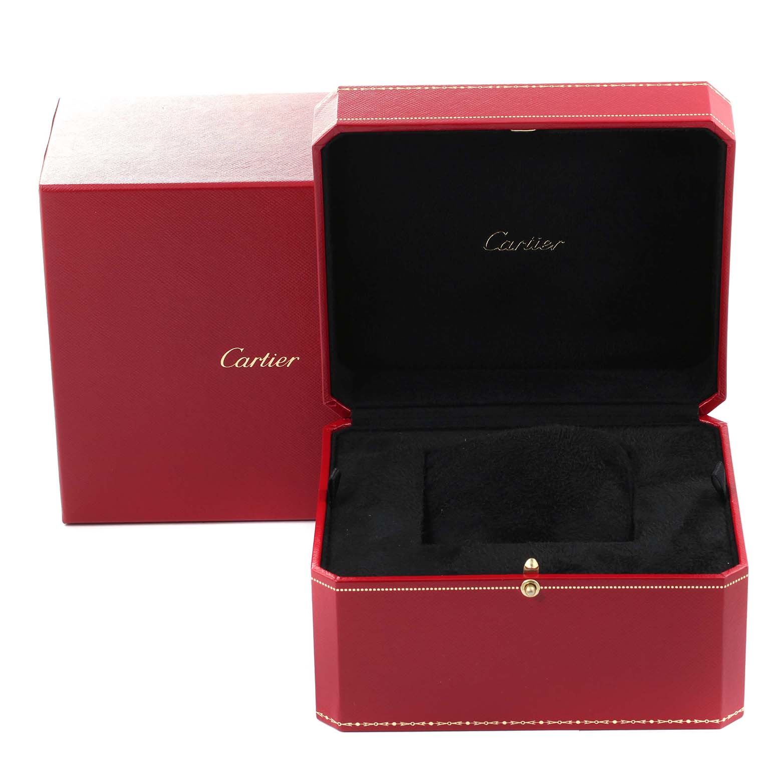The image shows an open red Cartier watch box for the Ballon Bleu model.