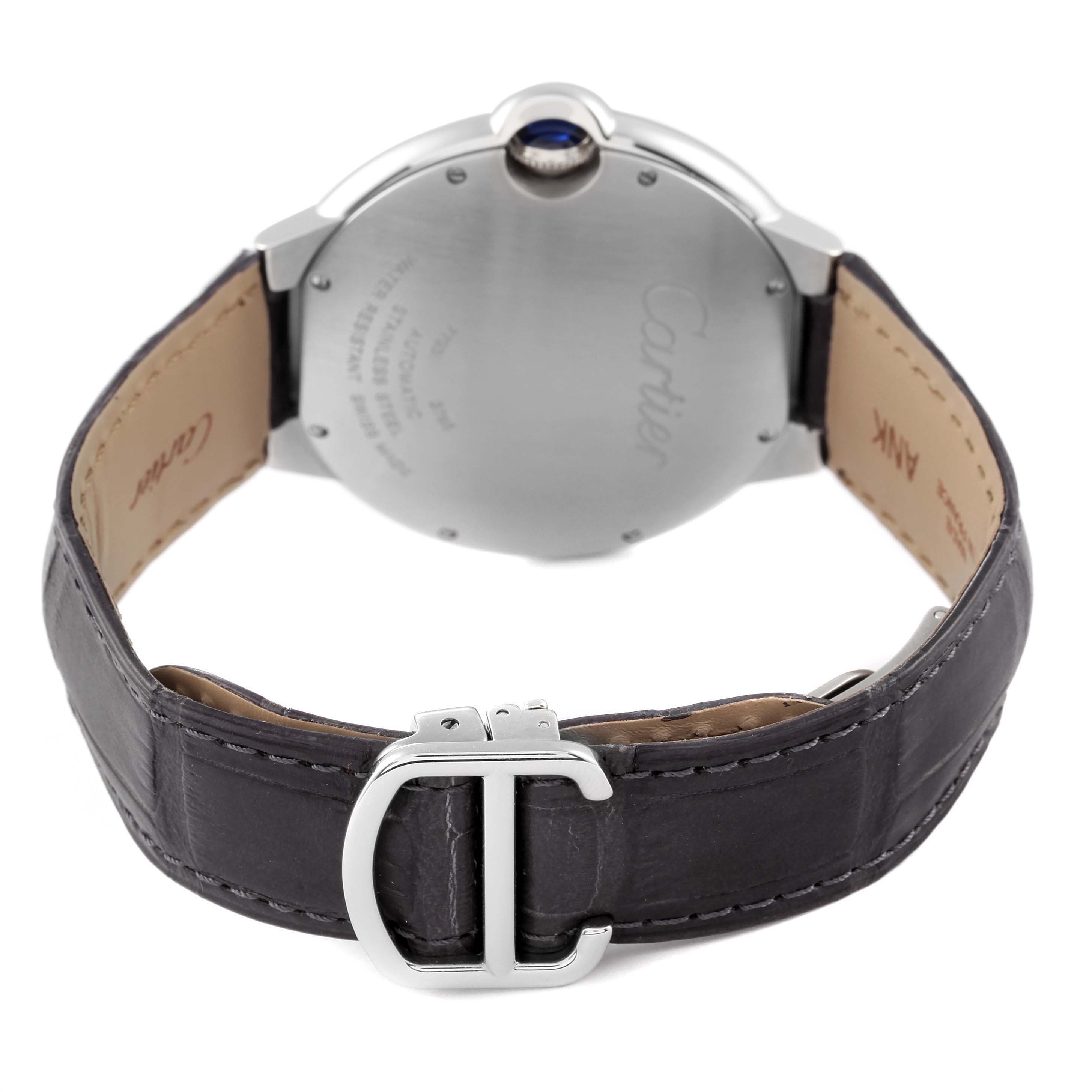The image shows the back view of a Ballon Bleu by Cartier watch, highlighting the leather strap and clasp.