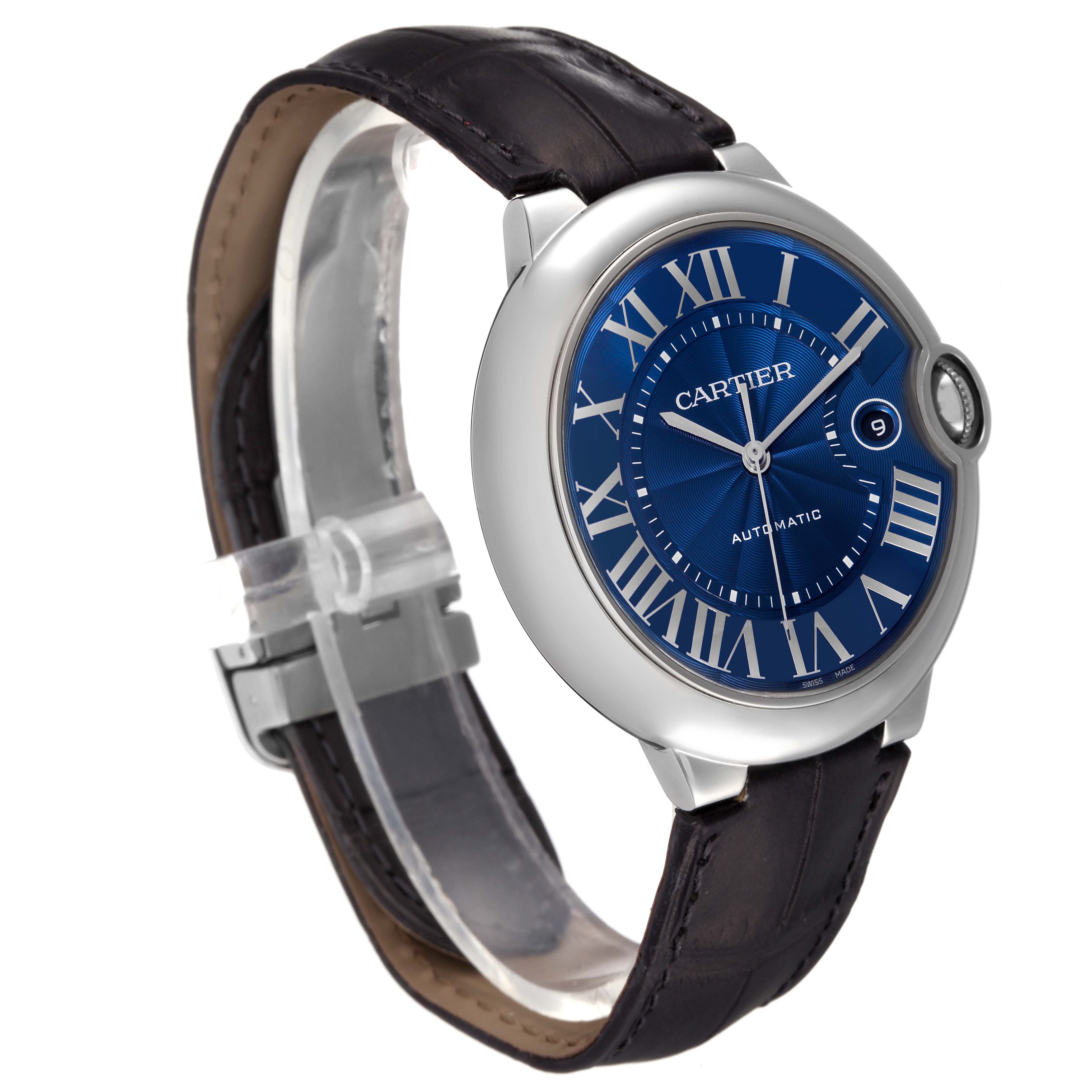 The image shows a Cartier Ballon Bleu WSBB0027 Men
s Stainless Steel Blue Dial WSBB0027 Men
s Stainless Steel Blue Dial watch at a slight angle, highlighting its blue dial, Roman numerals, and leather strap.