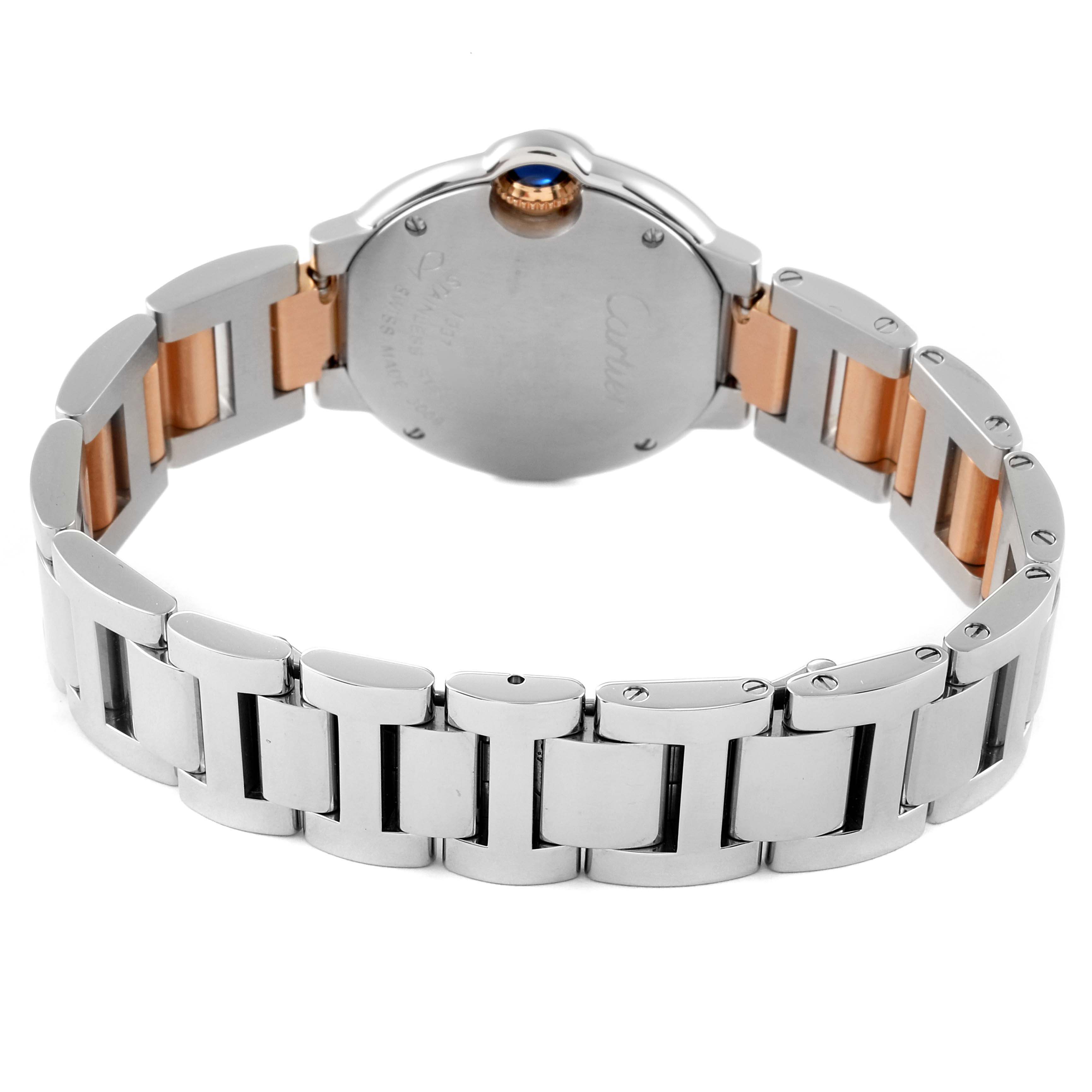 This image shows the back and bracelet of a Cartier Ballon Bleu WE902030 Women's Steel and Gold (two tone) Silver Dial WE902030 Women's Steel and Gold (two tone) Silver Dial watch, highlighting its two-tone metal design and back case.