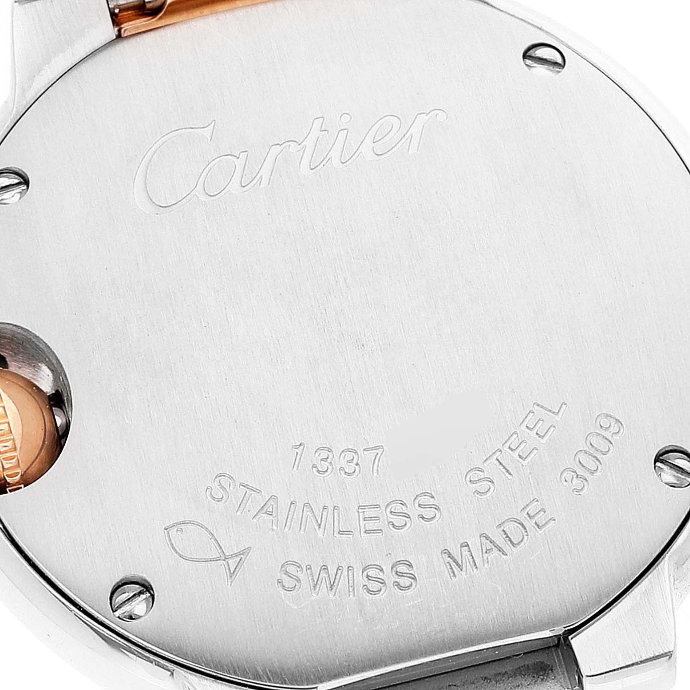 This image shows the back case of the Ballon Bleu watch by Cartier, highlighting the brand engraving and material details.