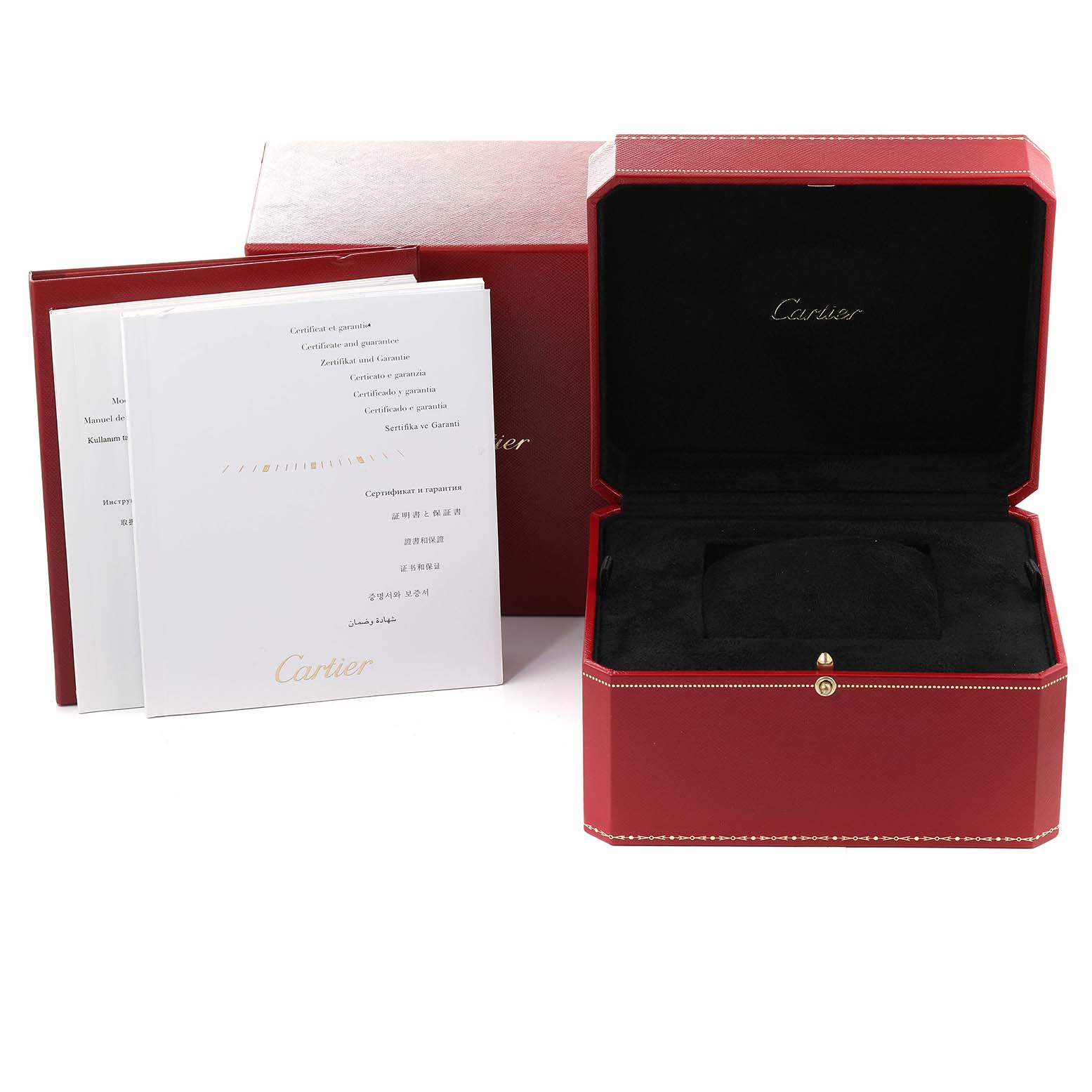 The image shows the packaging and documentation for a Ballon Bleu by Cartier, including the red watch box and guarantee certificates.