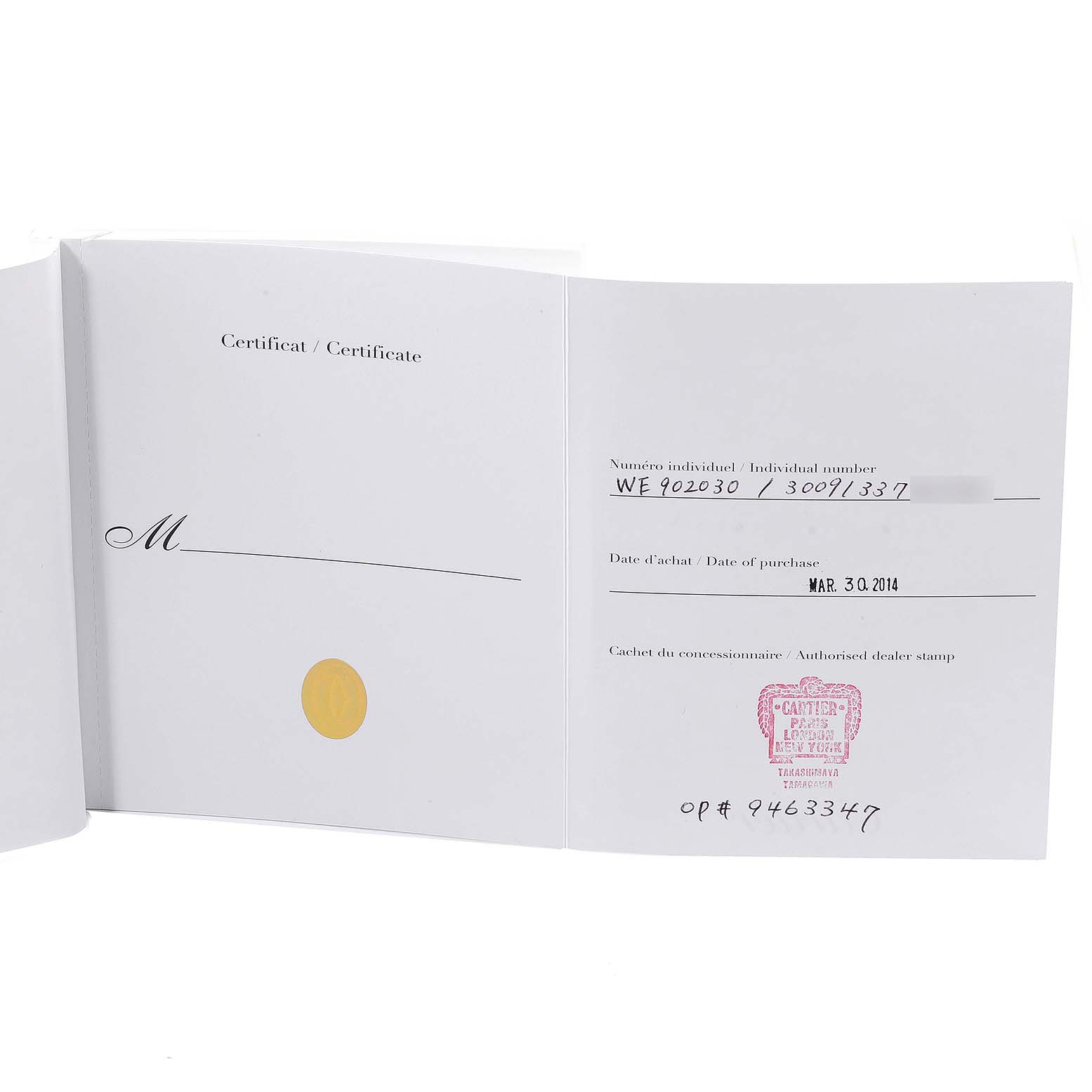 This image shows the certification document for a Cartier Ballon Bleu WE902030 Women's Steel and Gold (two tone) Silver Dial WE902030 Women's Steel and Gold (two tone) Silver Dial watch, including its serial number and date of purchase.