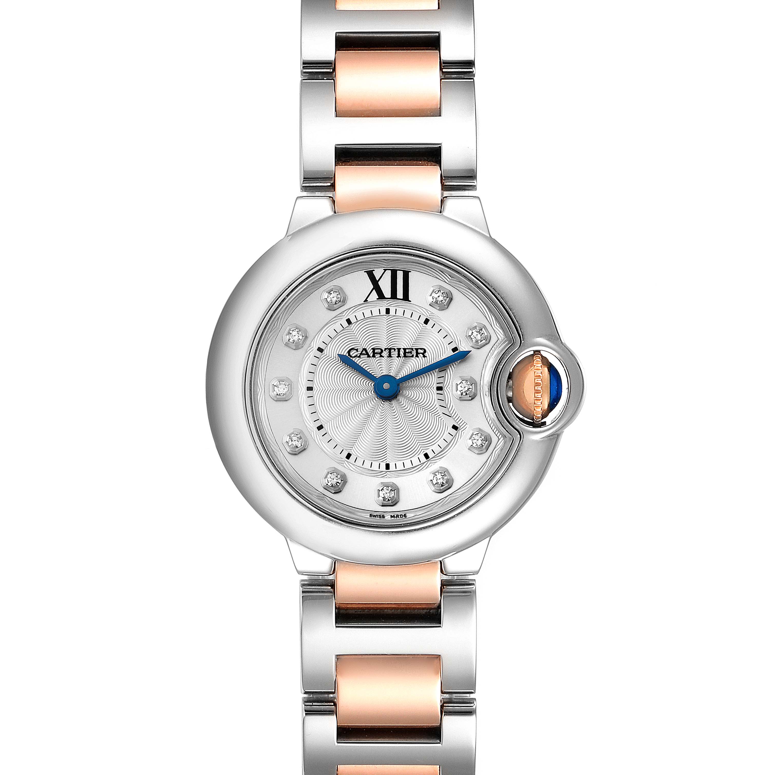 This image shows a front view of the Cartier Ballon Bleu WE902030 Women's Steel and Gold (two tone) Silver Dial WE902030 Women's Steel and Gold (two tone) Silver Dial watch, highlighting the dial, bezel, and two-tone bracelet.