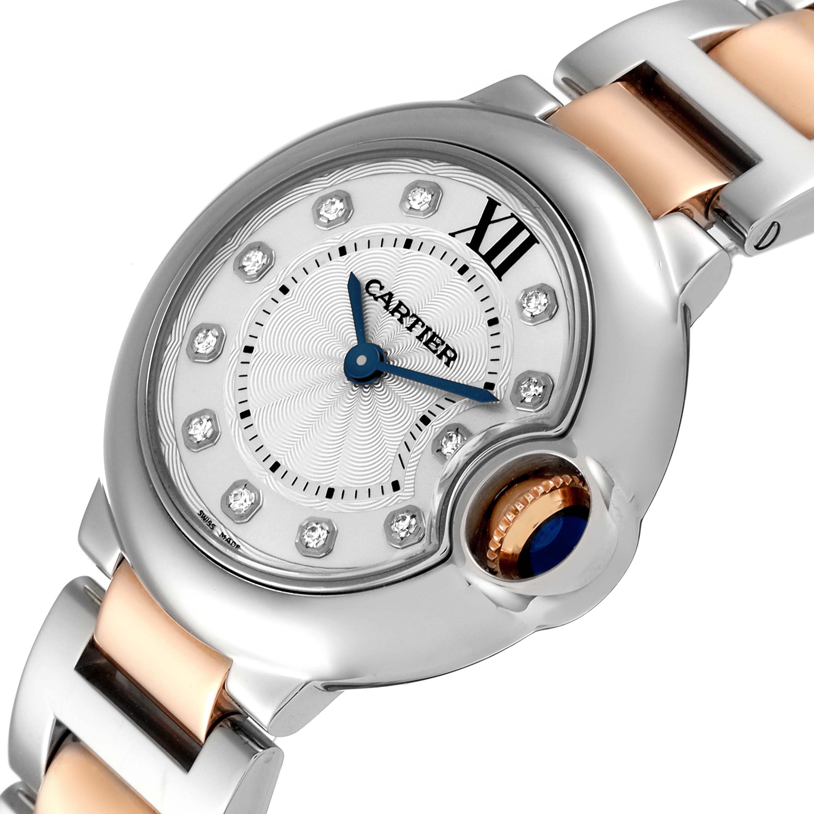 This image shows a close-up of the face and bracelet of the Cartier Ballon Bleu WE902030 Women's Steel and Gold (two tone) Silver Dial WE902030 Women's Steel and Gold (two tone) Silver Dial watch.