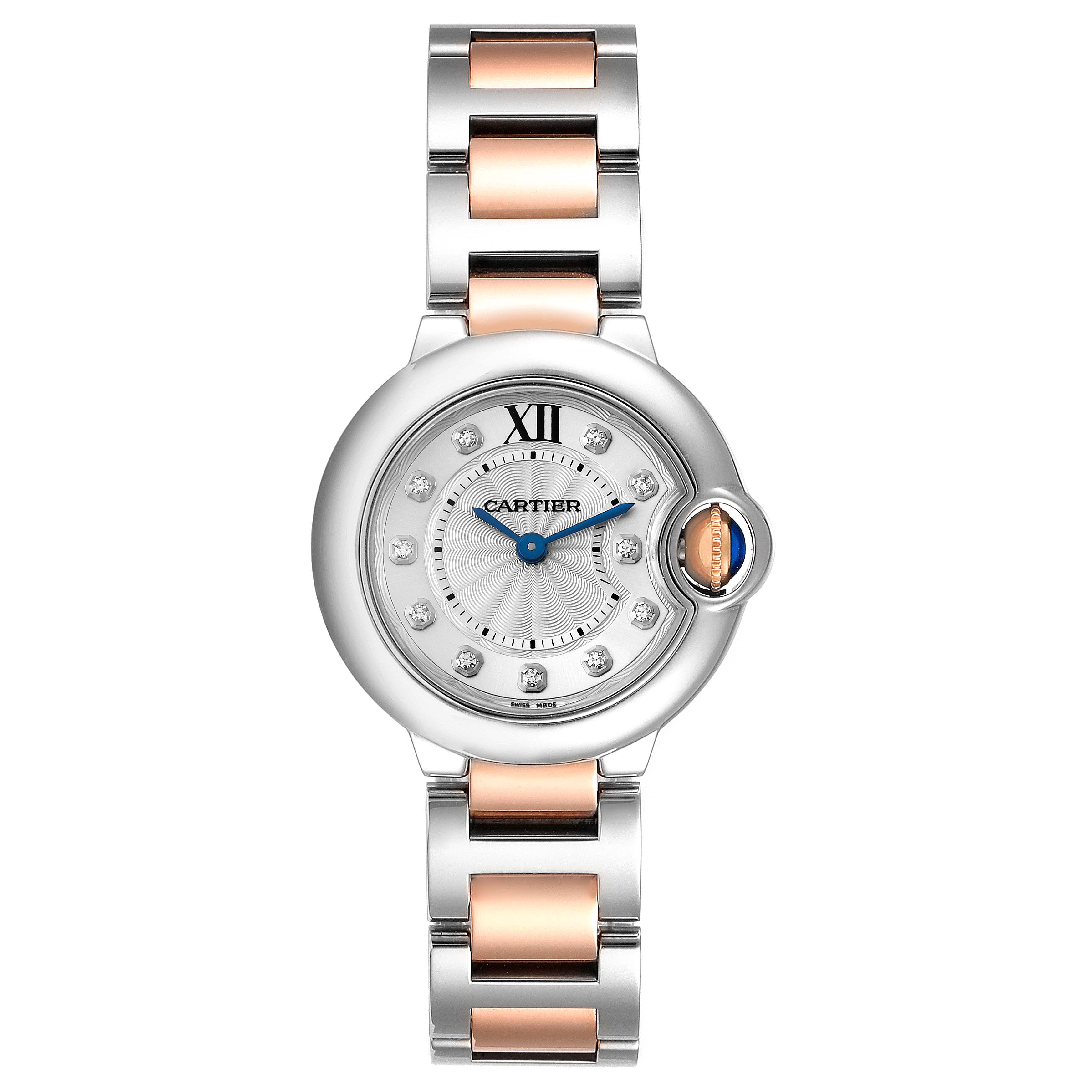 This image shows a head-on view of the Ballon Bleu watch by Cartier, highlighting the face and the two-tone metal bracelet.