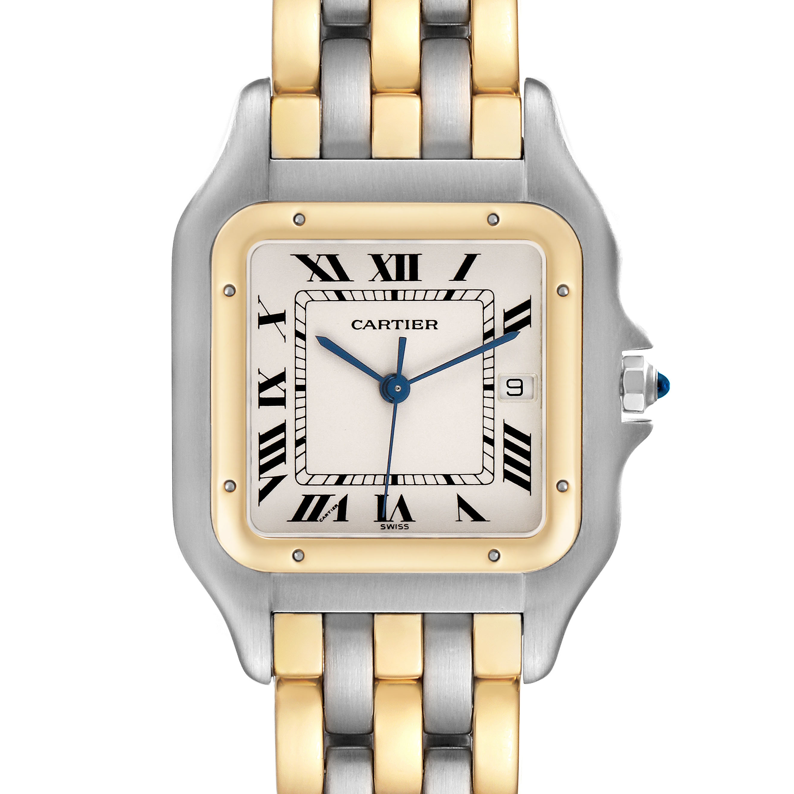 The Cartier Panthere 183957 Men's Steel and Gold (two tone) Silver Dial watch is shown from a front angle, displaying its dial, bezel, and two-tone bracelet.