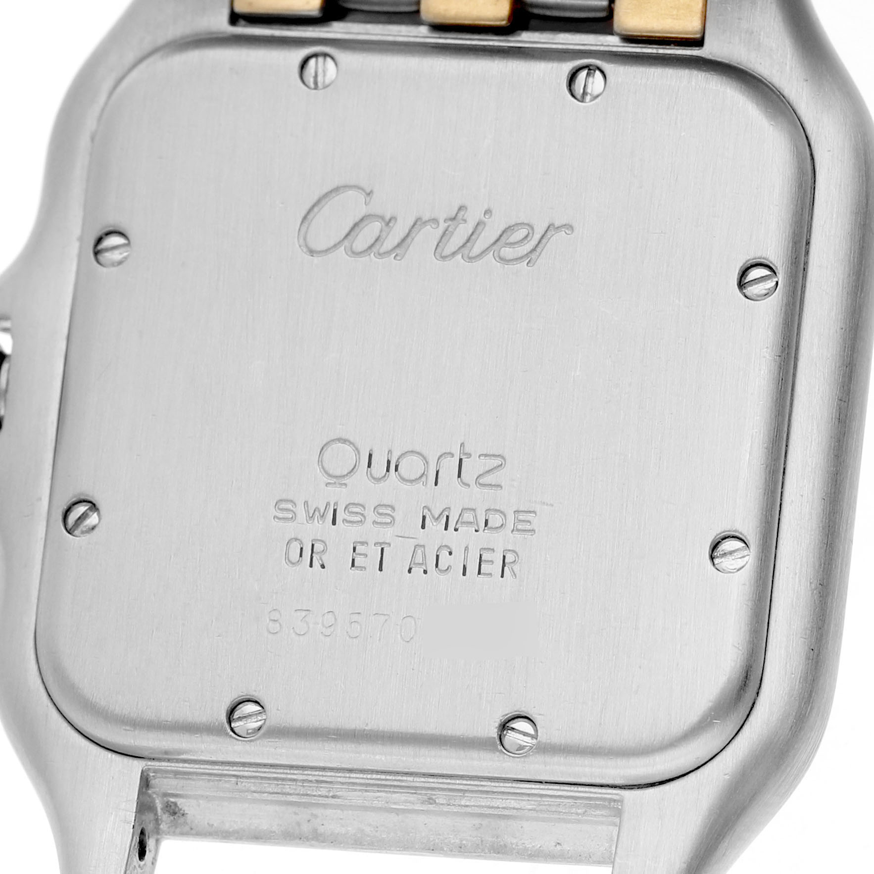 The image shows the back casing of a Panthere by Cartier watch, displaying branding and specifications.