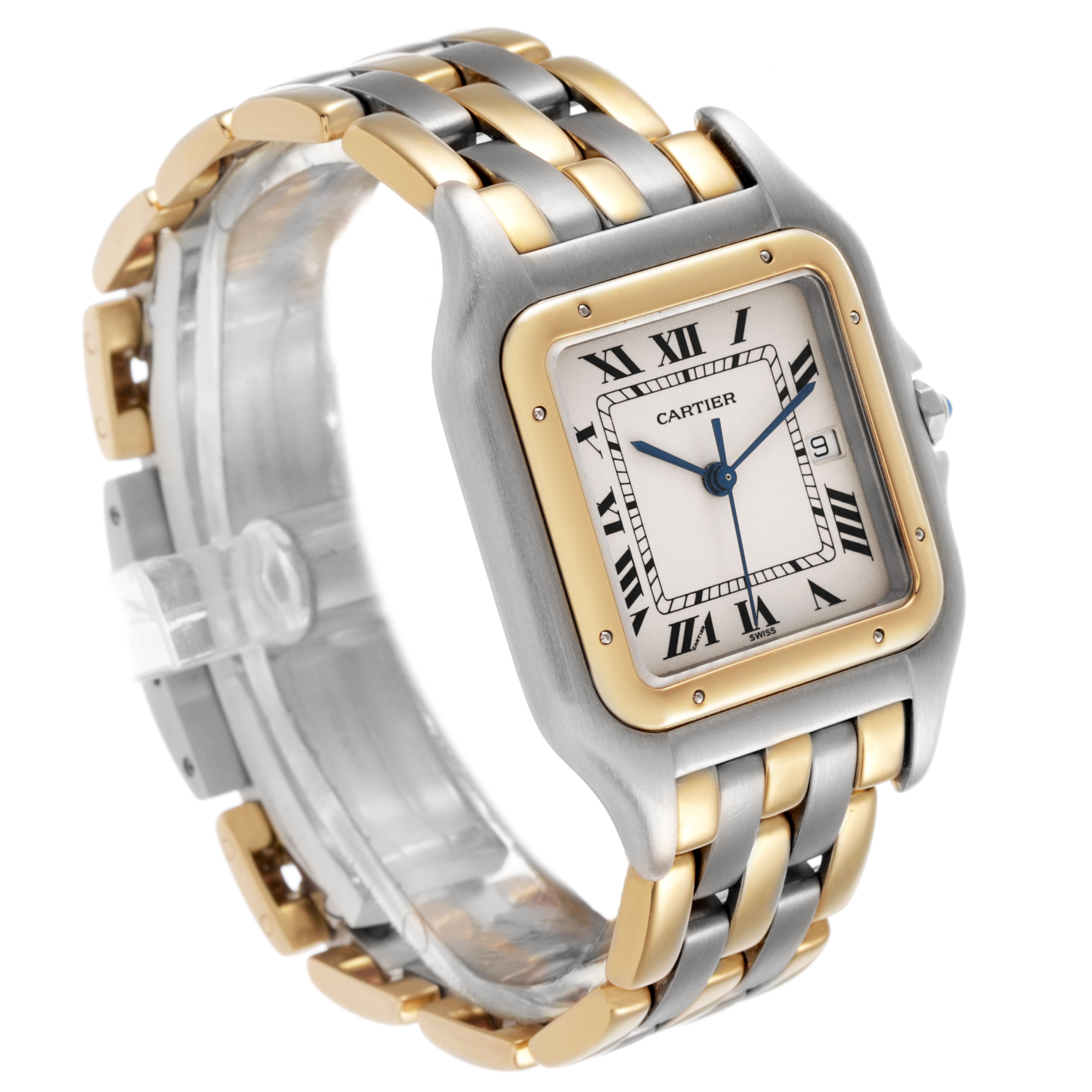 The Cartier Panthere 183957 Men's Steel and Gold (two tone) Silver Dial watch is shown at a three-quarter angle, featuring a gold and silver bracelet, square face, and Roman numeral dial.