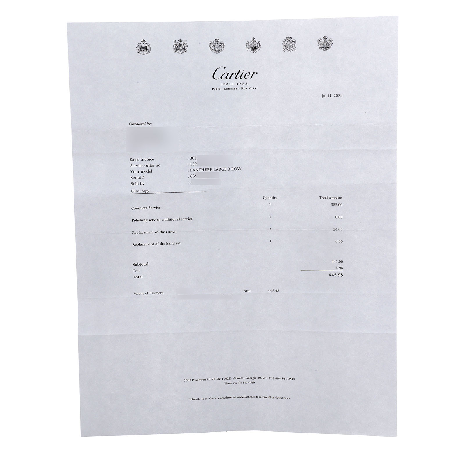 This image shows a Cartier service document for the Panthère model watch, detailing services like polishing and crown replacement.