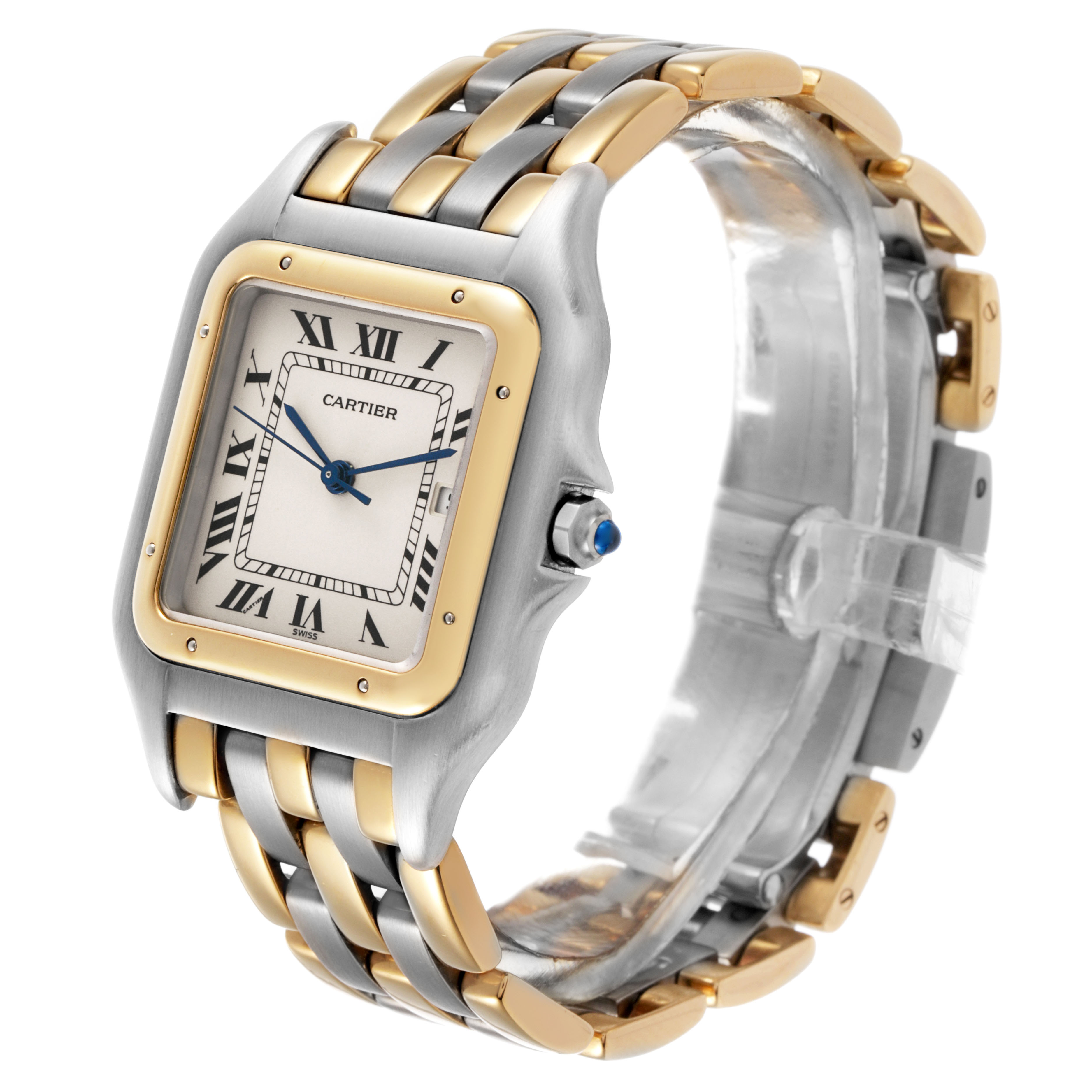 The Cartier Panthere 183957 Men's Steel and Gold (two tone) Silver Dial watch is shown at a three-quarter angle, highlighting its two-tone bracelet and square face with Roman numerals.