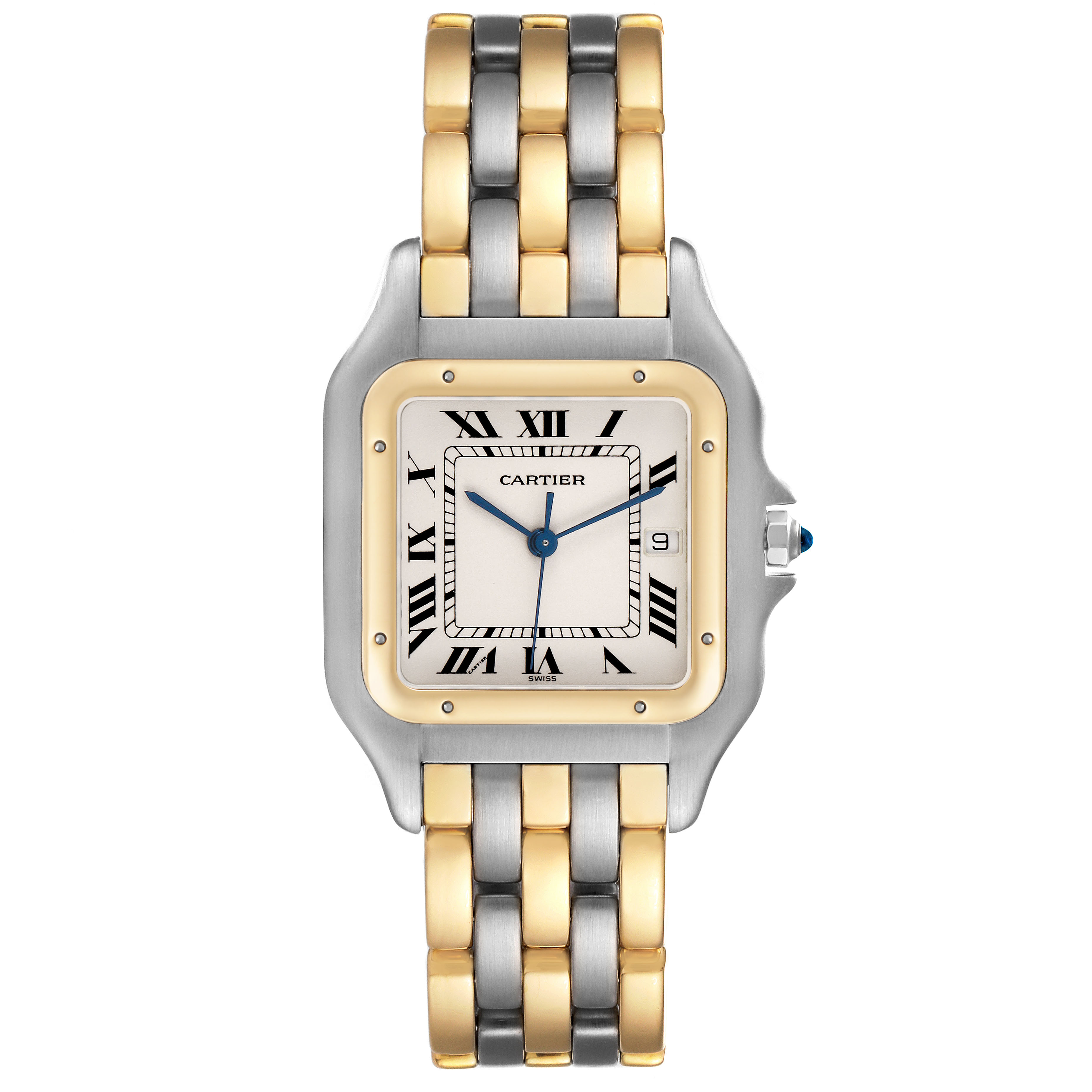 The Cartier Panthere 183957 Men's Steel and Gold (two tone) Silver Dial watch is shown from a front angle, displaying the face, bezel, and two-tone bracelet.
