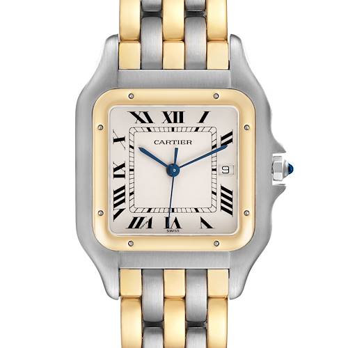 The Cartier Panthere 183957 Men's Steel and Gold (two tone) Silver Dial watch is shown from a front view, displaying the face, bezel, and part of the bracelet.