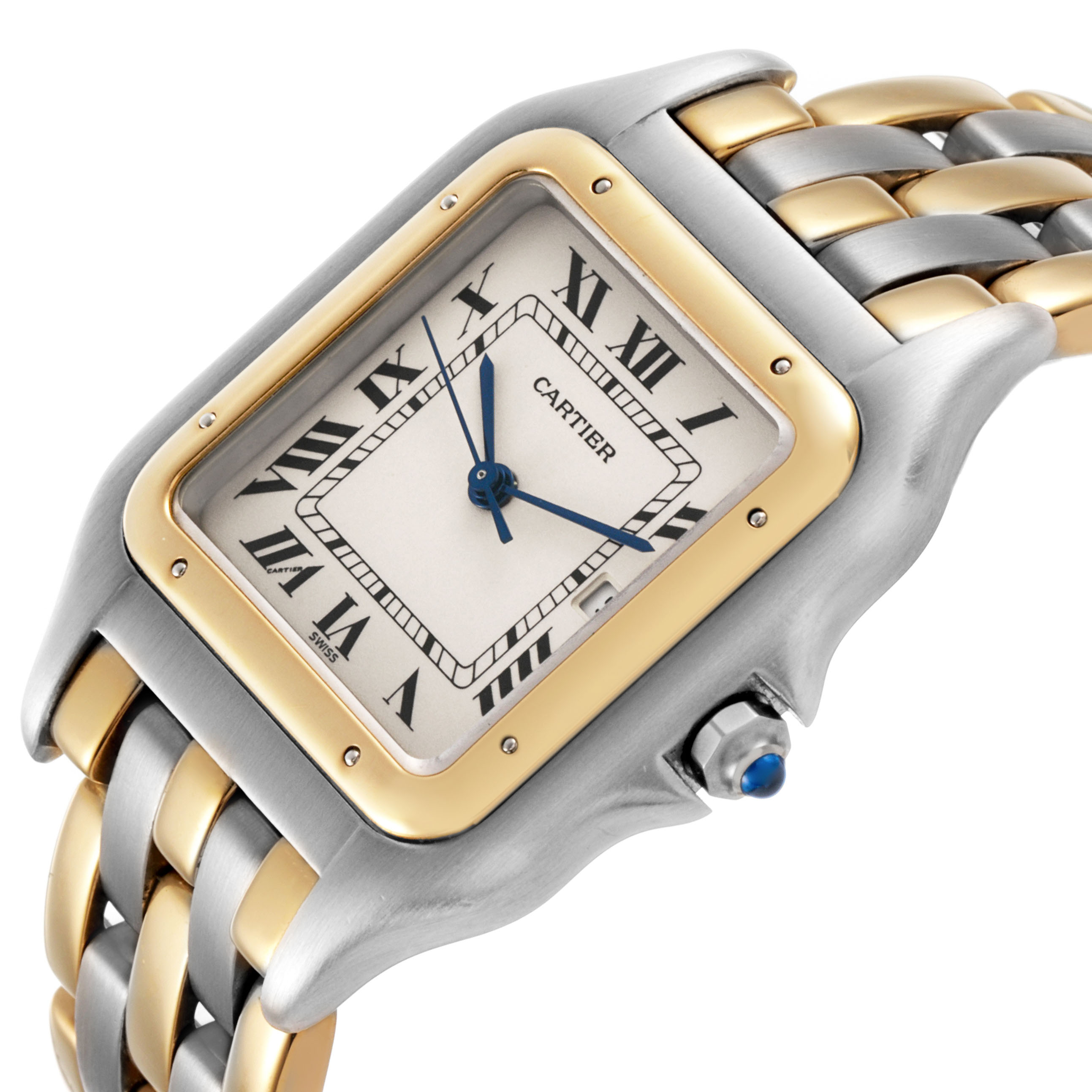 The Cartier Panthère watch is shown at an angled view, highlighting the two-tone bracelet, square face, and crown with a blue cabochon.