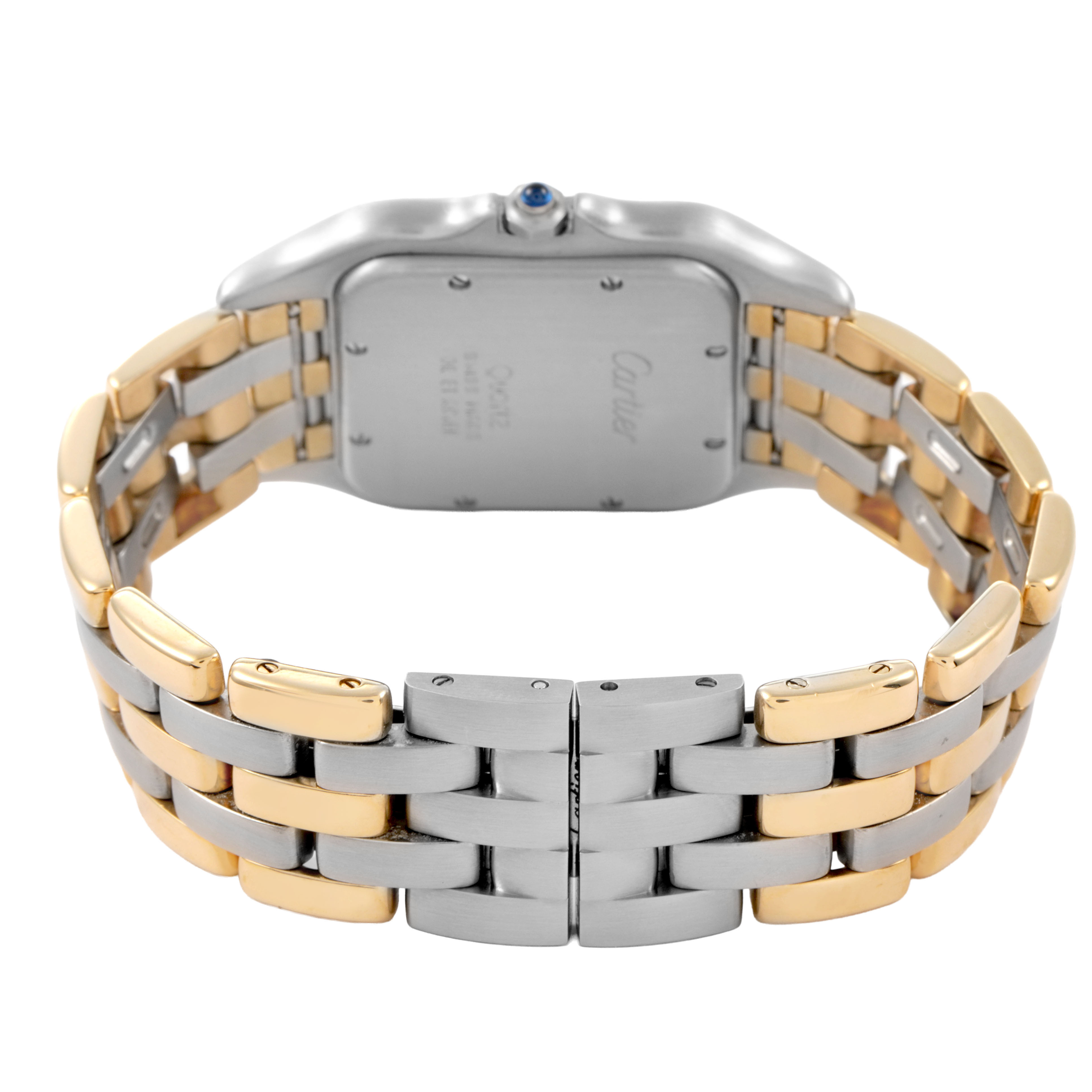 This image shows the stainless steel and gold bracelet and the back case of the Cartier Panthere 183957 Men's Steel and Gold (two tone) Silver Dial watch from a rear angle.