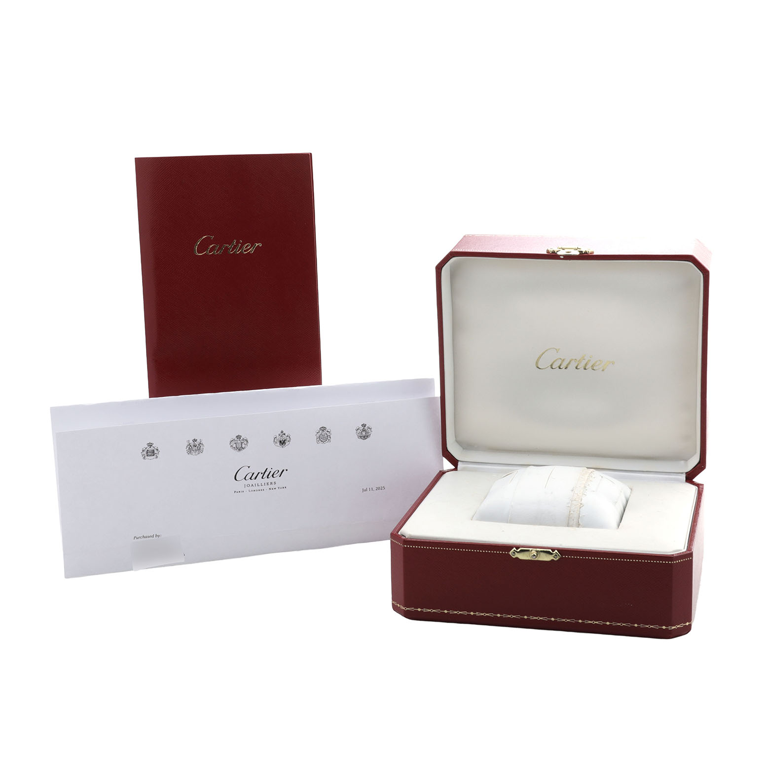The image shows a Cartier Panthère watch box, booklet, and documentation, all presented from a frontal angle.