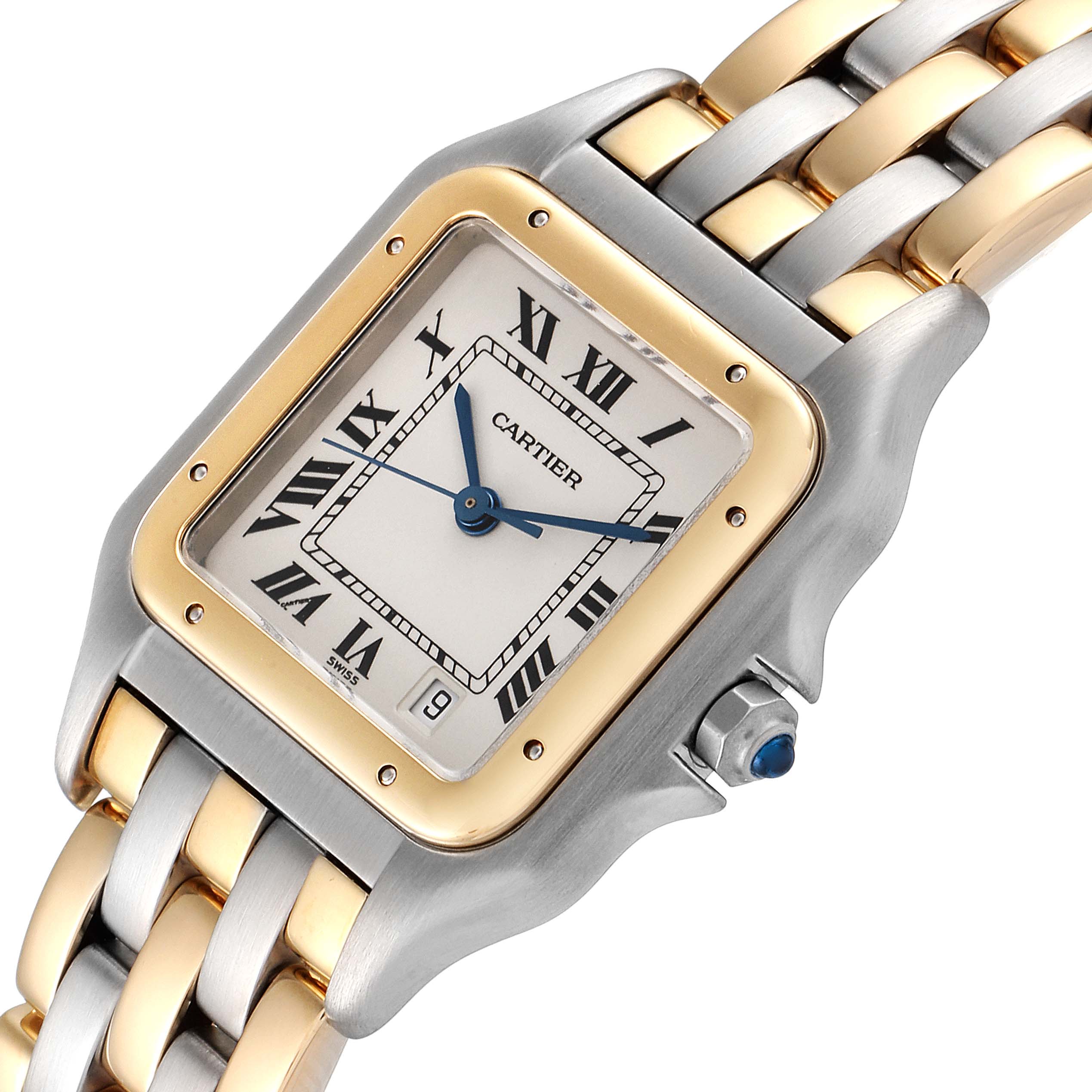 The Cartier Panthere W25028B8 Women's Steel and Gold (two tone) Silver Dial W25028B8 Women's Steel and Gold (two tone) Silver Dial watch is shown from a top-down angle, featuring its dial, bezel, and part of the bracelet.