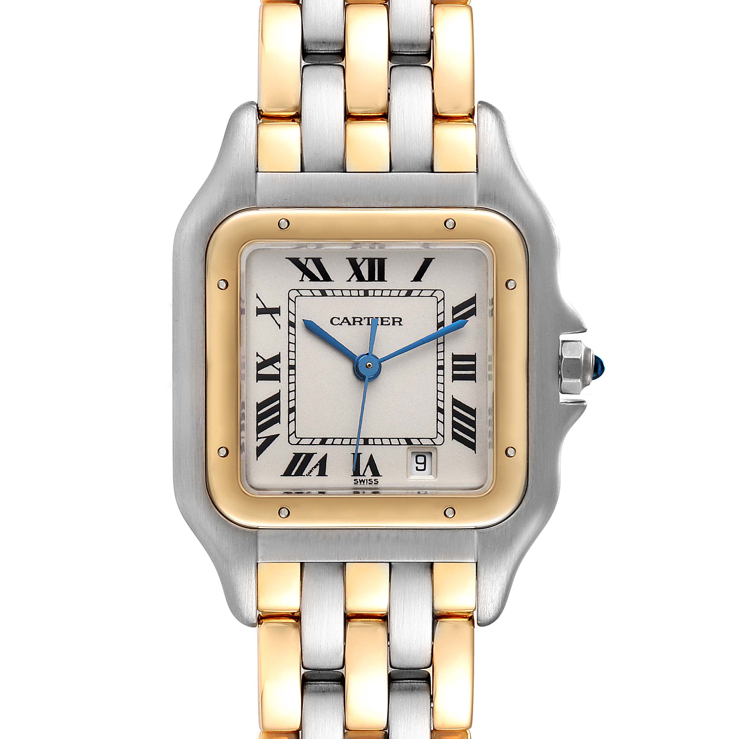 This image shows a front view of a Cartier Panthere W25028B8 Women's Steel and Gold (two tone) Silver Dial W25028B8 Women's Steel and Gold (two tone) Silver Dial model watch, highlighting the dial, bezel, and bracelet.