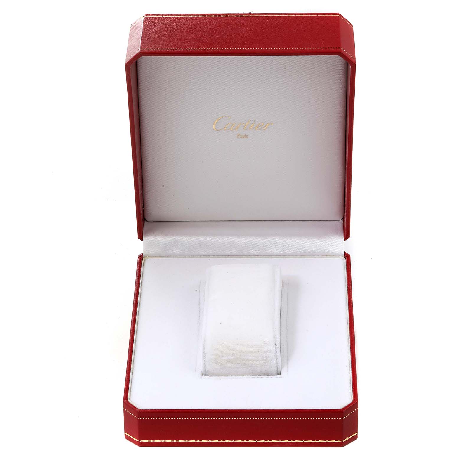 This is an open Cartier Panthere W25028B8 Women's Steel and Gold (two tone) Silver Dial W25028B8 Women's Steel and Gold (two tone) Silver Dial watch box, displaying the interior and cushion without the watch.