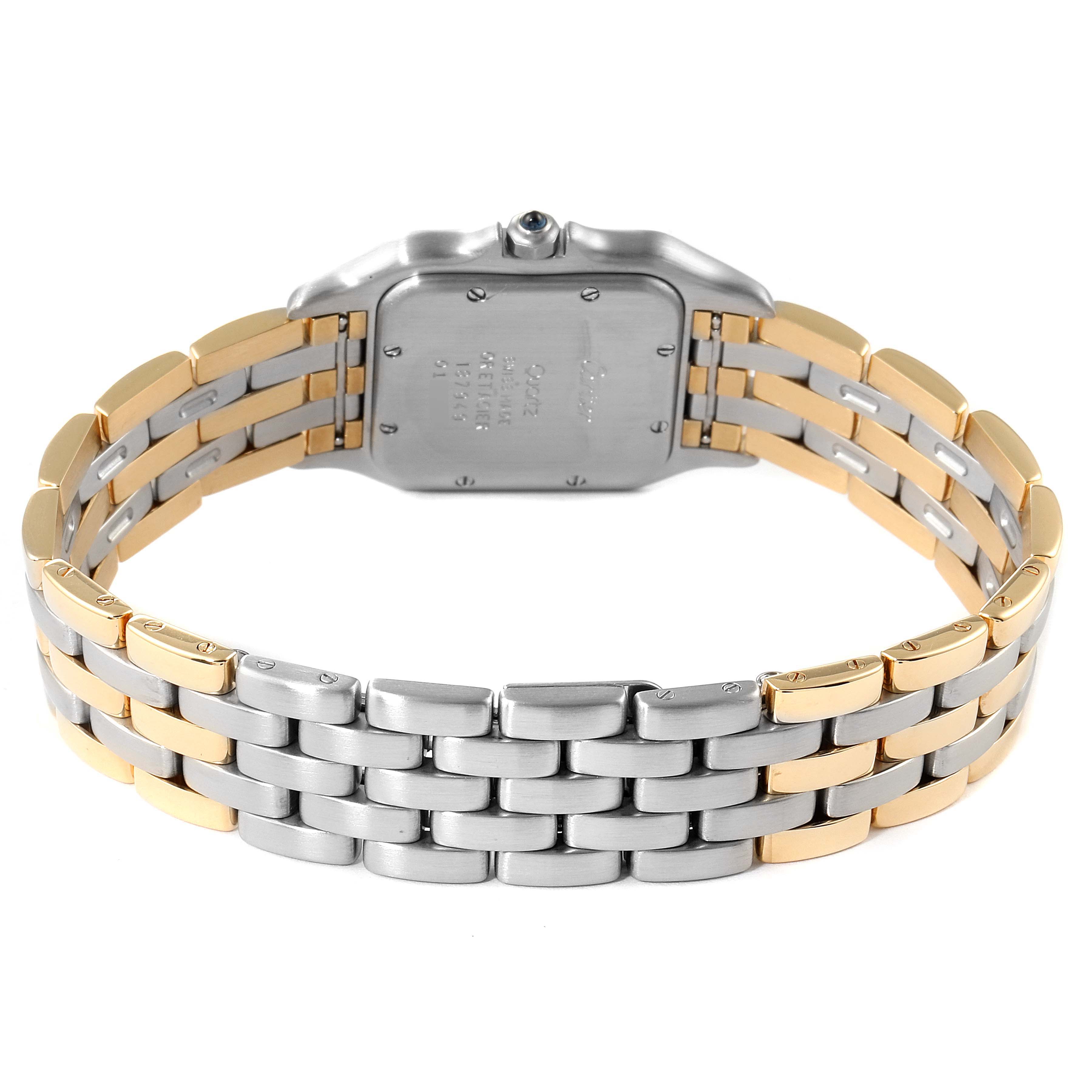 The Cartier Panthere W25028B8 Women's Steel and Gold (two tone) Silver Dial W25028B8 Women's Steel and Gold (two tone) Silver Dial watch is shown from the back, highlighting its two-tone metal bracelet and case back.