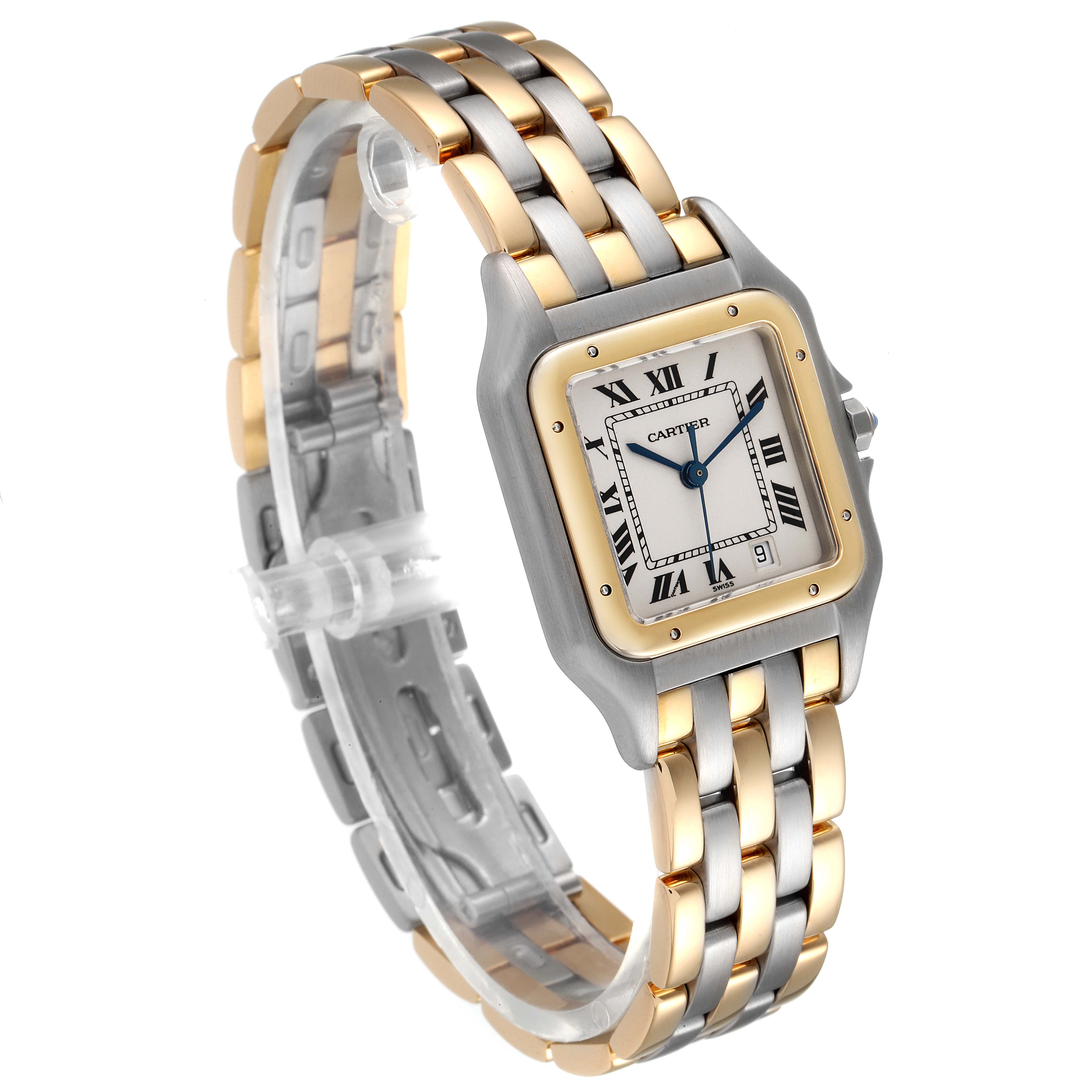 This image shows a Cartier Panthere W25028B8 Women's Steel and Gold (two tone) Silver Dial W25028B8 Women's Steel and Gold (two tone) Silver Dial watch at a slight angle, focusing on its stainless steel and gold case and bracelet.