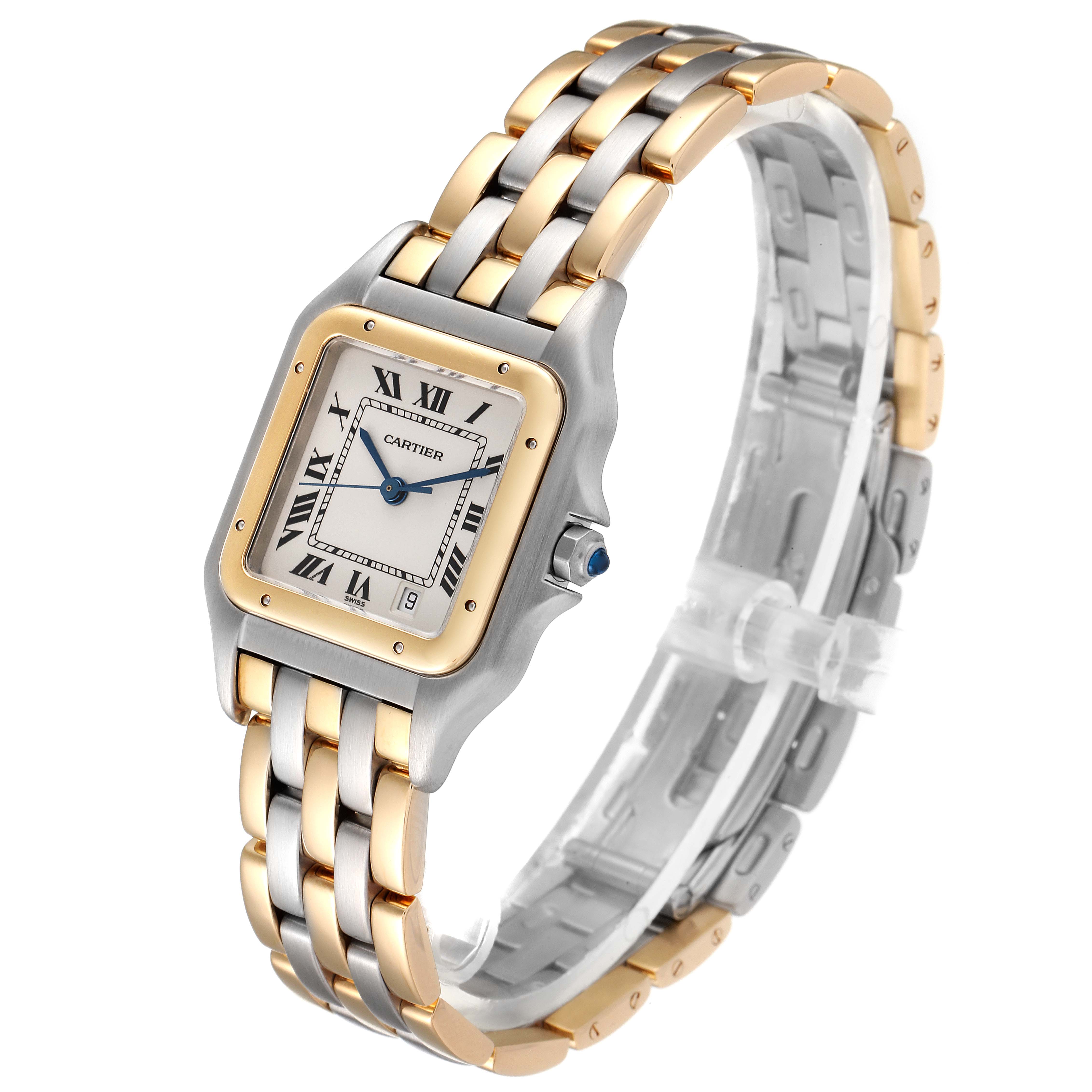 The image shows a Panthere model by Cartier, taken from an angled front view, highlighting its two-tone band and square face.